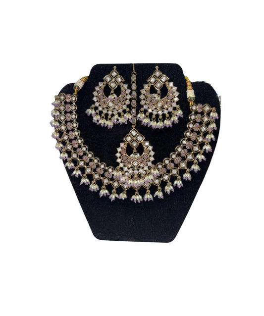 Gold-Toned Bridal Necklace Set with Lavender Crystal Accents - Devi's Exclusive Fashion