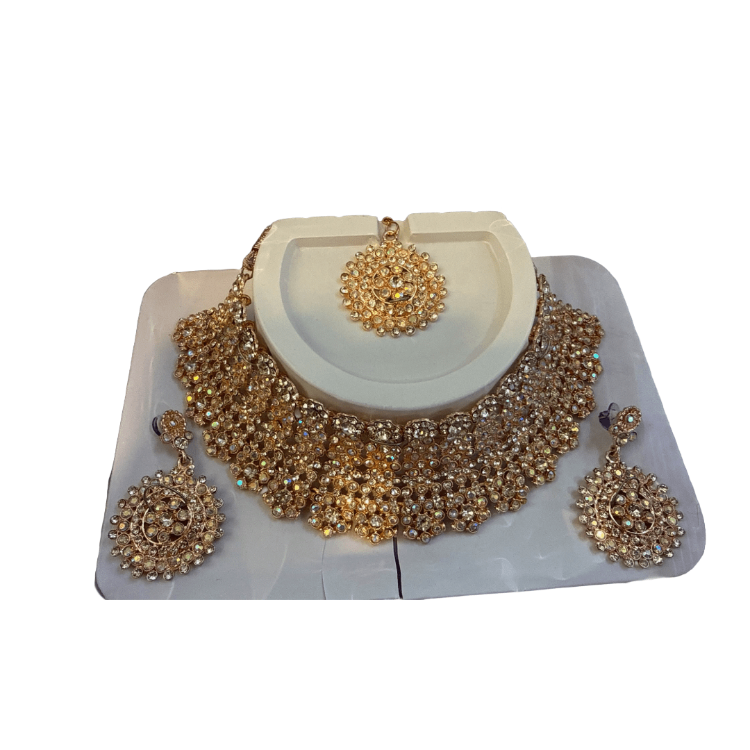 Gold-Toned Crystal Bridal Choker Necklace Set - Devi's Exclusive Fashion