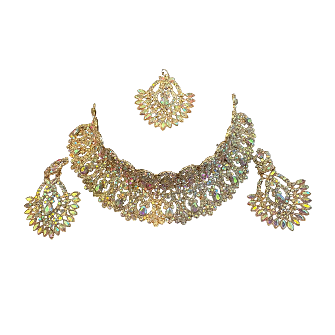 Gold-Toned Iridescent Crystal Bridal Necklace Set - Devi's Exclusive Fashion