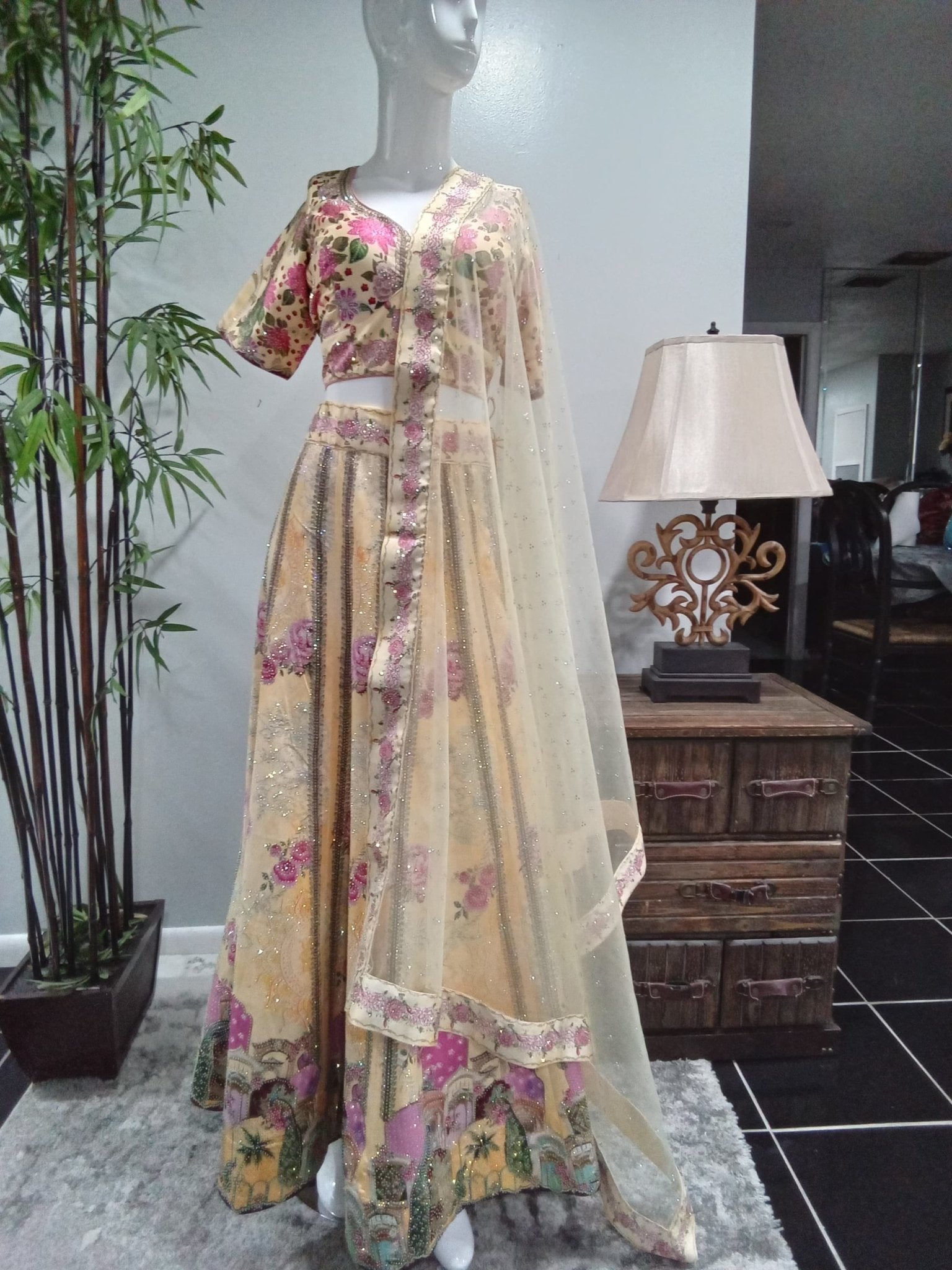 Ivory Floral Embroidered Designer Lehenga Set (3-Piece) - Devi's Exclusive Fashion