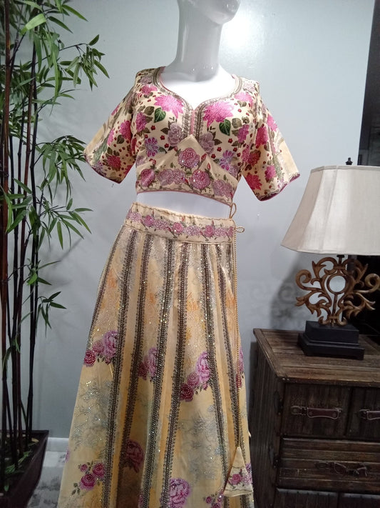 Ivory Floral Embroidered Designer Lehenga Set (3-Piece) - Devi's Exclusive Fashion