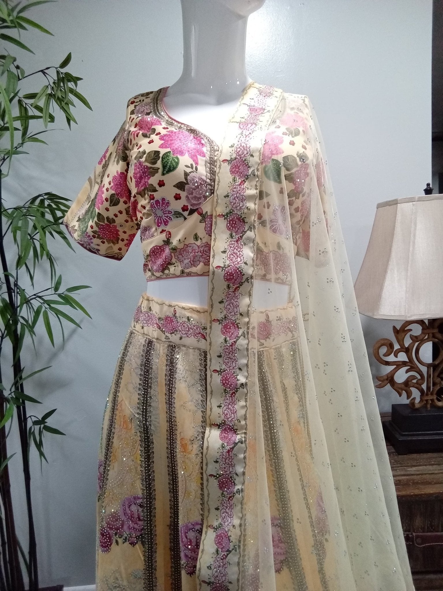 Ivory Floral Embroidered Designer Lehenga Set (3-Piece) - Devi's Exclusive Fashion