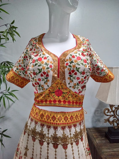 Ivory & Mustard Floral Embroidered Lehenga Set with Gold Detailing (3-Piece) - Devi's Exclusive Fashion