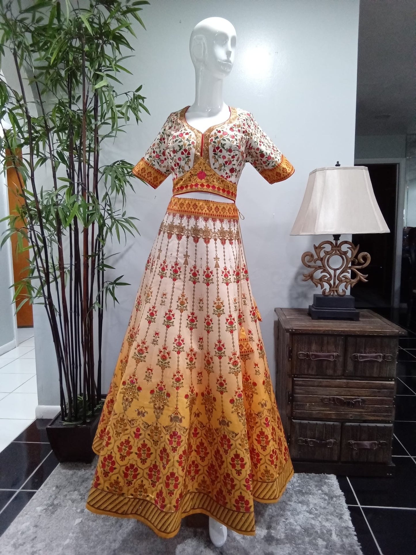 Ivory & Mustard Floral Embroidered Lehenga Set with Gold Detailing (3-Piece) - Devi's Exclusive Fashion