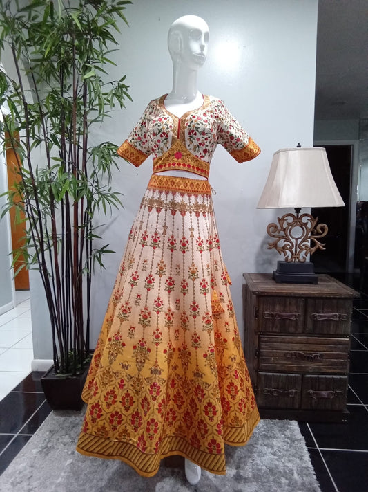 Ivory & Mustard Floral Embroidered Lehenga Set with Gold Detailing (3-Piece) - Devi's Exclusive Fashion