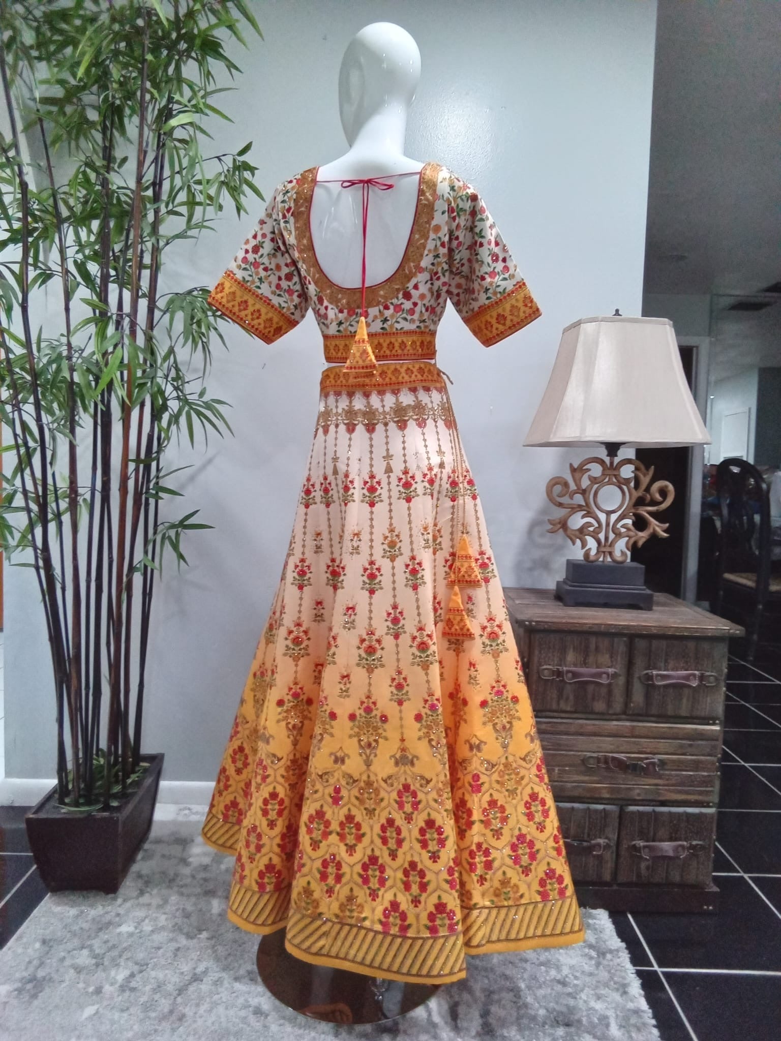 Ivory & Mustard Floral Embroidered Lehenga Set with Gold Detailing (3-Piece) - Devi's Exclusive Fashion