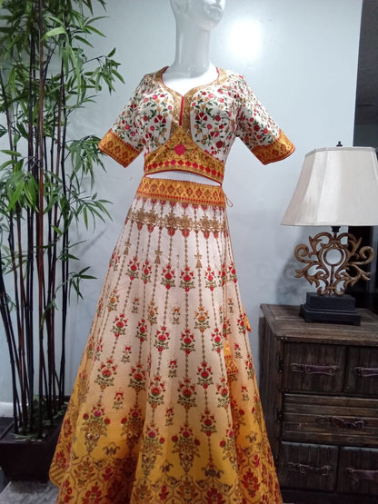 Ivory & Mustard Floral Embroidered Lehenga Set with Gold Detailing (3-Piece) - Devi's Exclusive Fashion