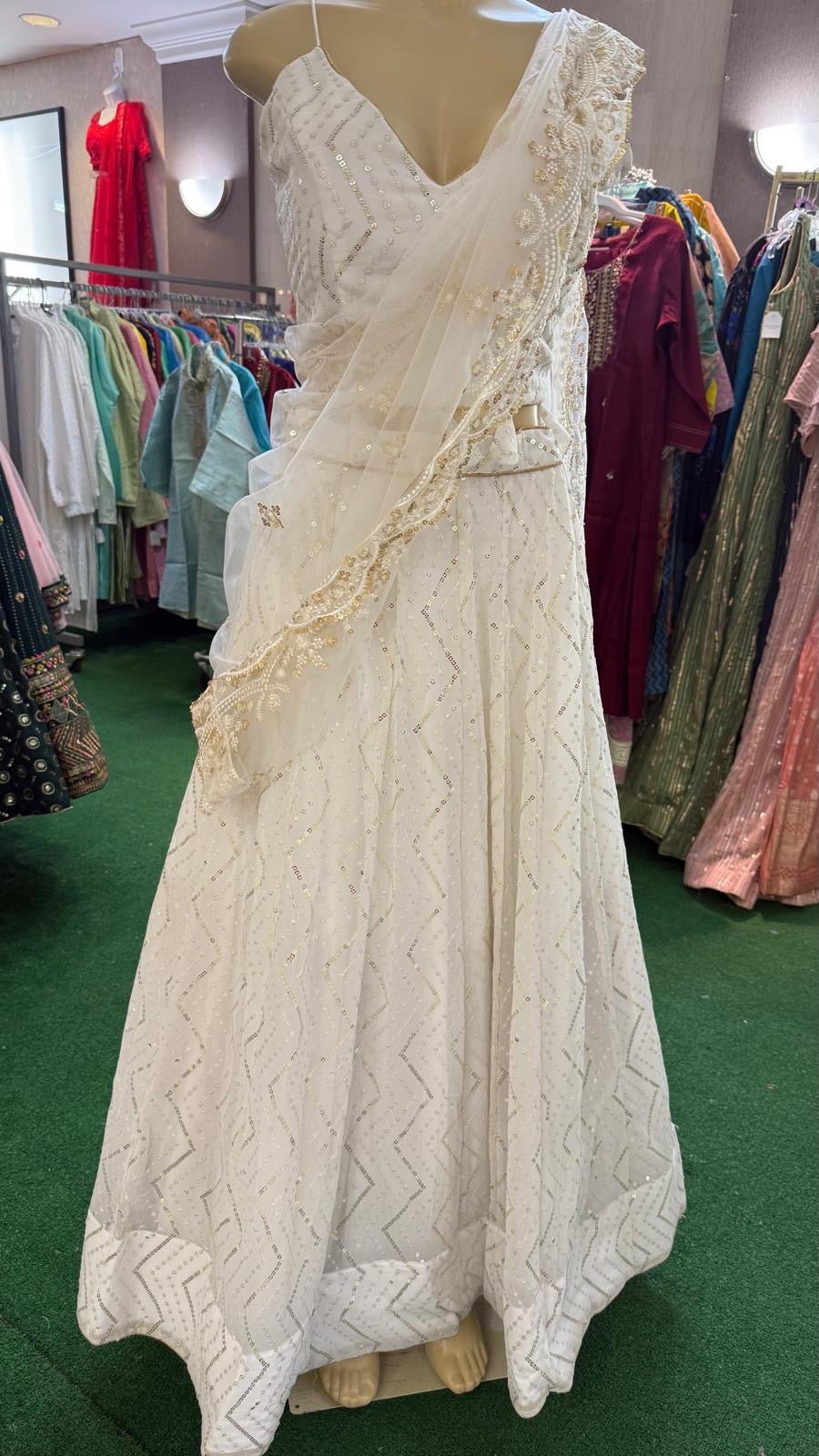 Ivory White Designer Lehenga Set with Gold Embroidery (3-Piece) - Devi's Exclusive Fashion
