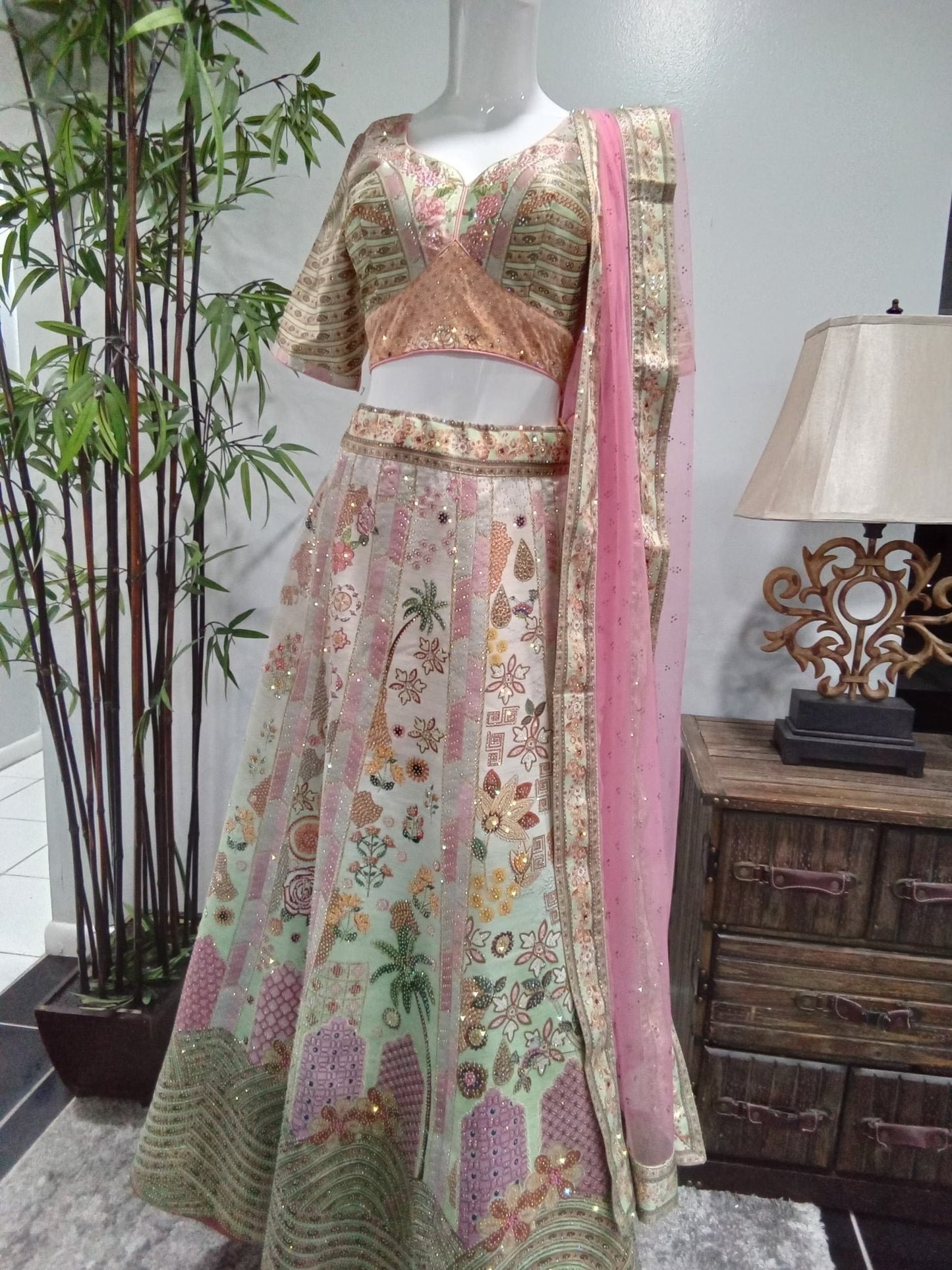 Mint Green & Blush Pink Sequin Embroidered Lehenga Set with Matching Dupatta (3-Piece) - Devi's Exclusive Fashion