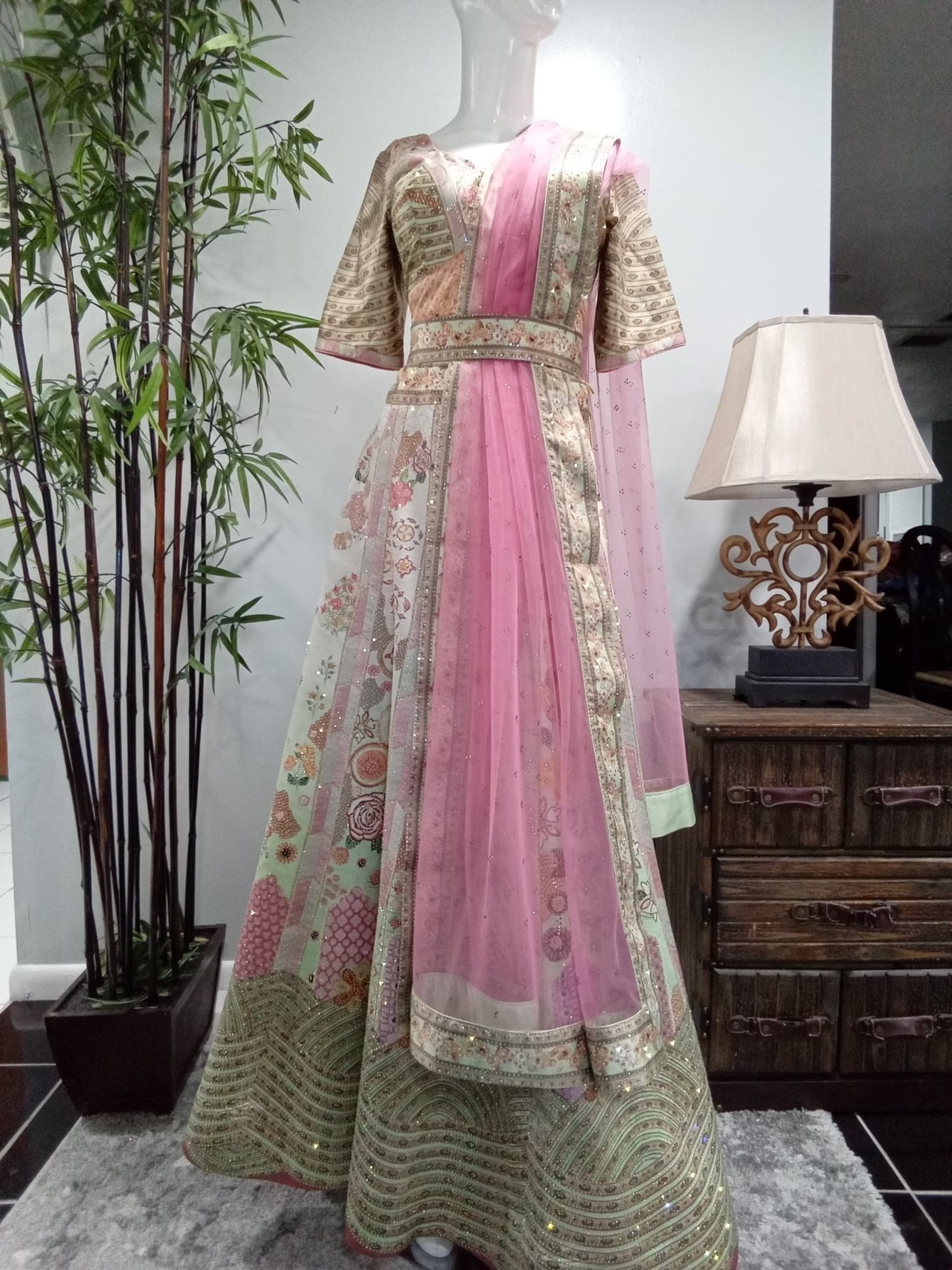 Mint Green & Blush Pink Sequin Embroidered Lehenga Set with Matching Dupatta (3-Piece) - Devi's Exclusive Fashion