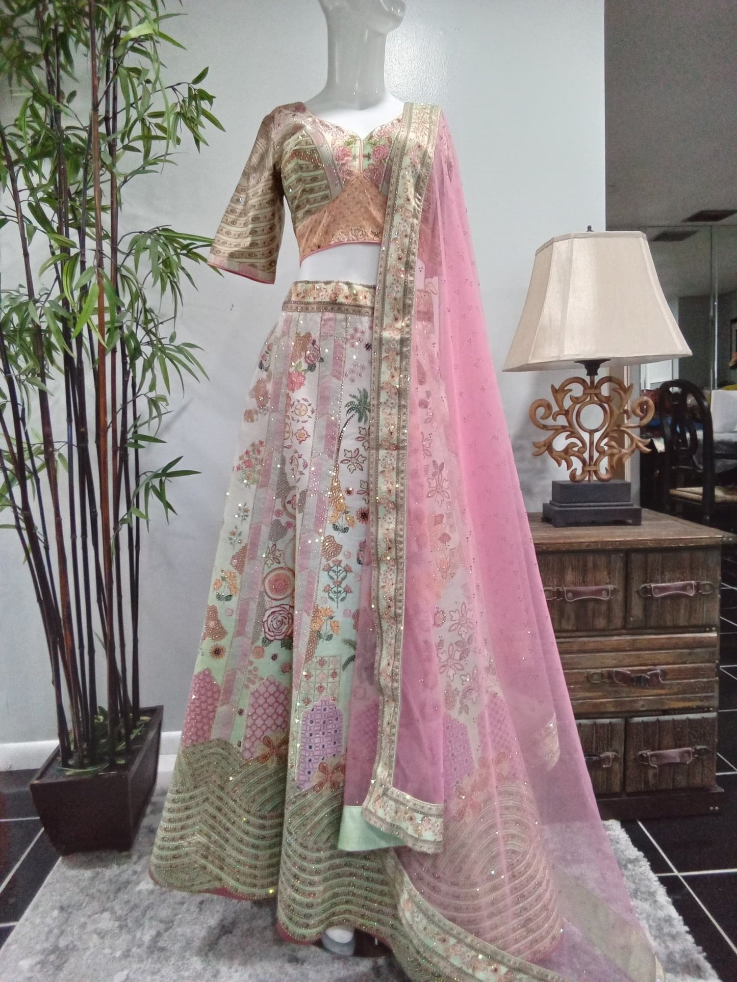 Mint Green & Blush Pink Sequin Embroidered Lehenga Set with Matching Dupatta (3-Piece) - Devi's Exclusive Fashion