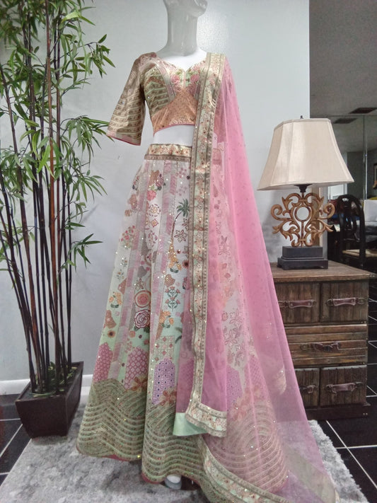 Mint Green & Blush Pink Sequin Embroidered Lehenga Set with Matching Dupatta (3-Piece) - Devi's Exclusive Fashion