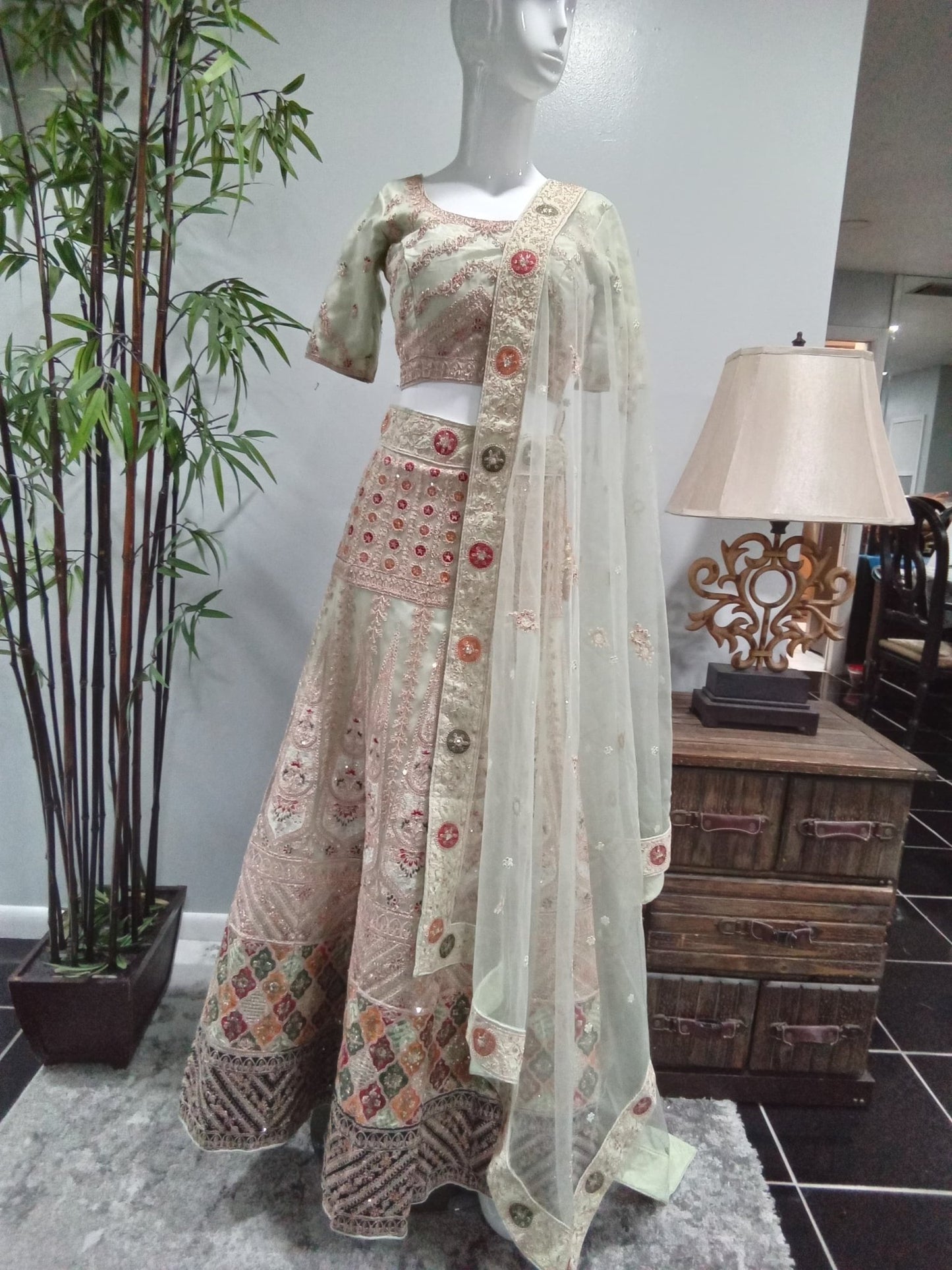Mint Green Embroidered Designer Lehenga Set with Matching Dupatta (3-Piece) - Devi's Exclusive Fashion