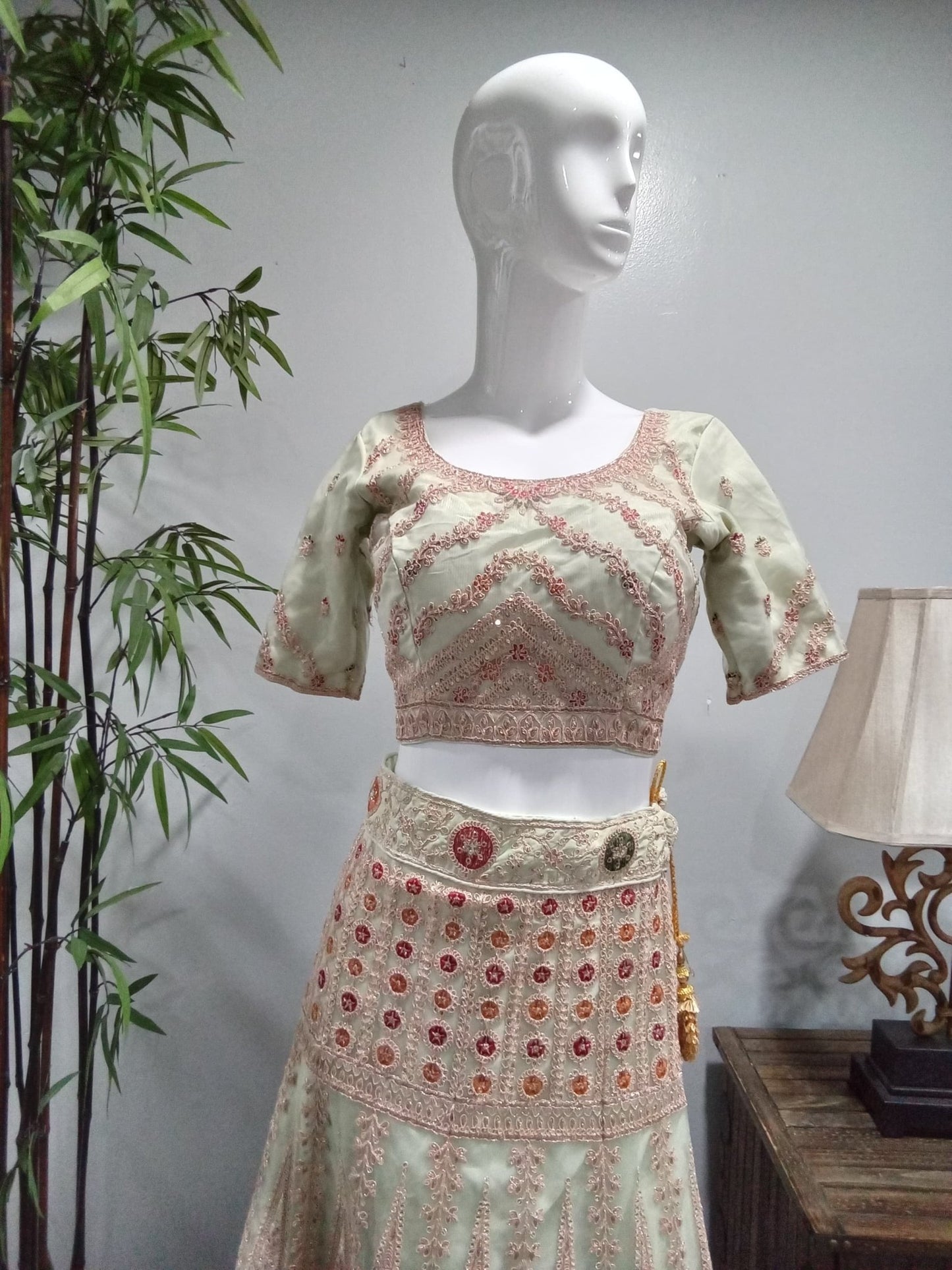 Mint Green Embroidered Designer Lehenga Set with Matching Dupatta (3-Piece) - Devi's Exclusive Fashion