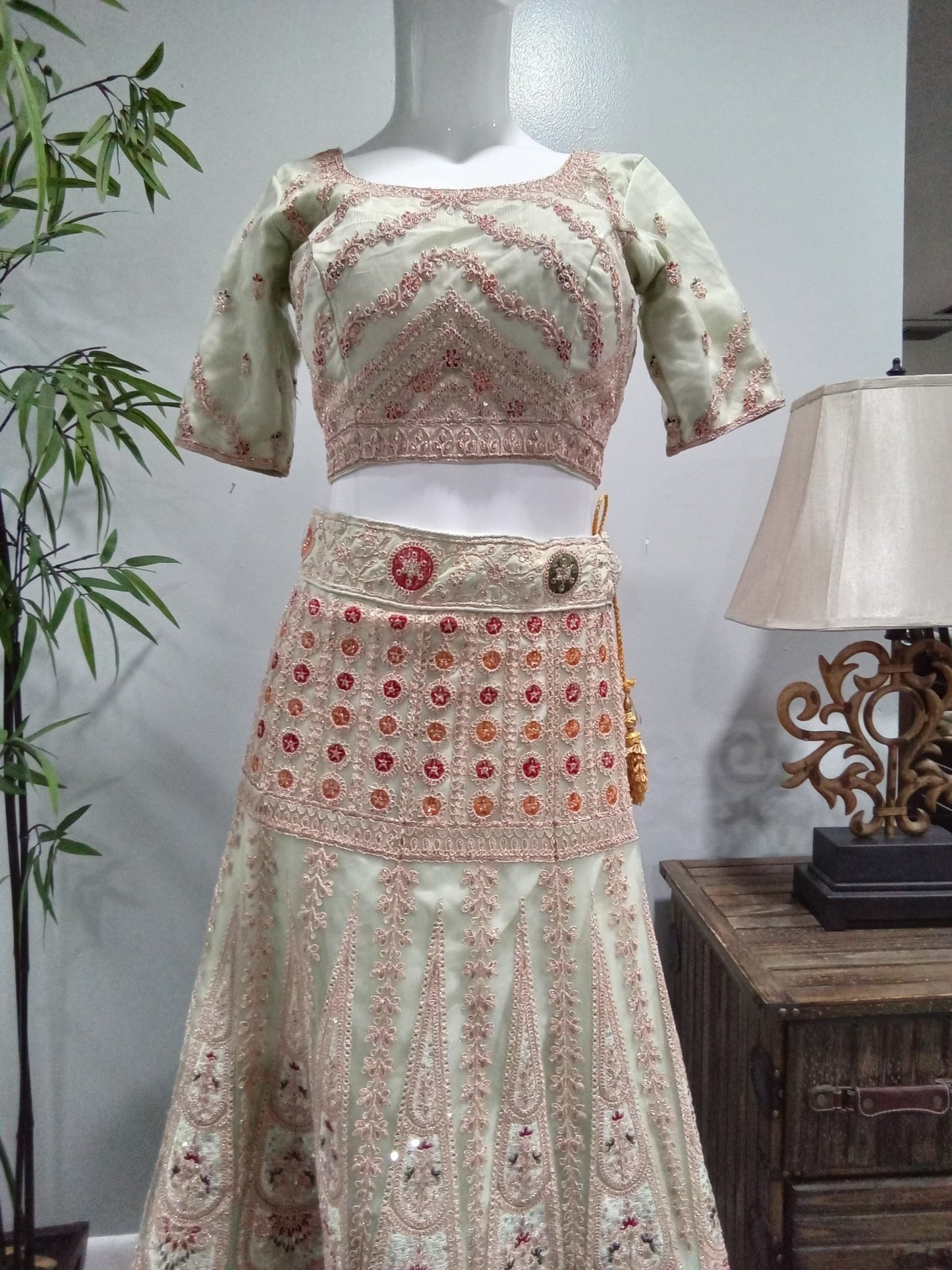 Mint Green Embroidered Designer Lehenga Set with Matching Dupatta (3-Piece) - Devi's Exclusive Fashion