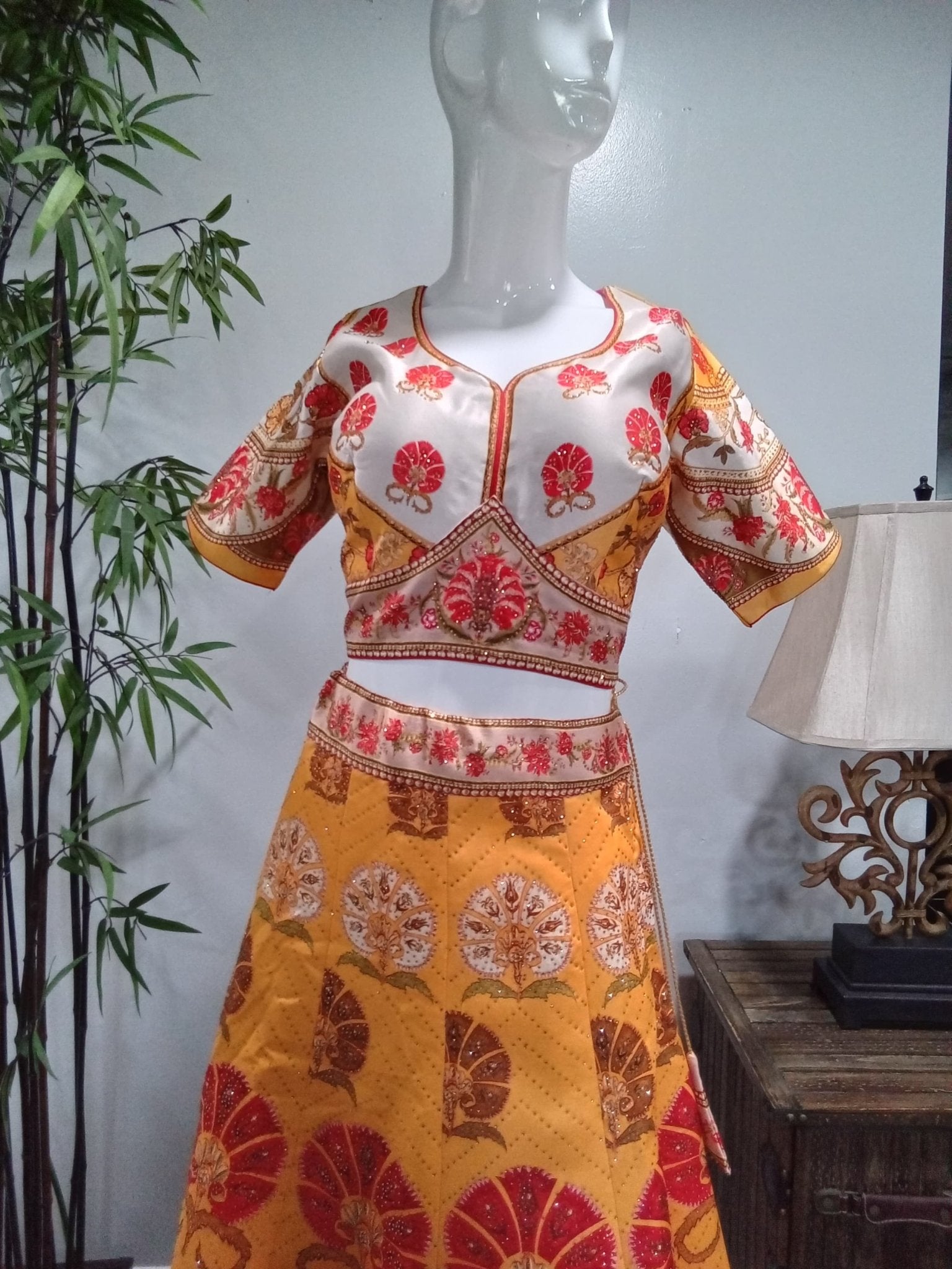 Mustard Gold & Ivory Floral Designer Lehenga Set with Coral Dupatta (3-Piece) - Devi's Exclusive Fashion