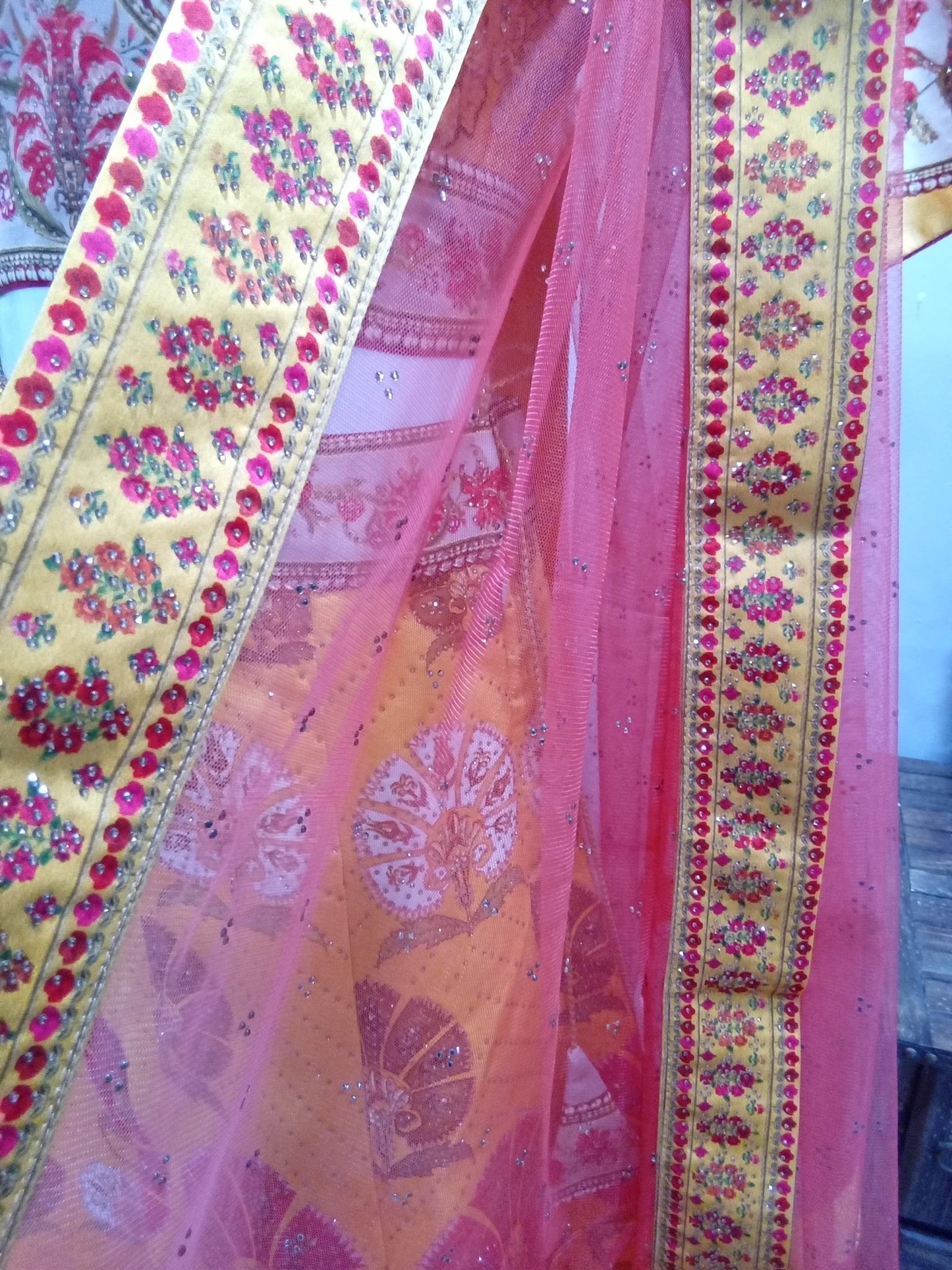 Mustard Gold & Ivory Floral Designer Lehenga Set with Coral Dupatta (3-Piece) - Devi's Exclusive Fashion