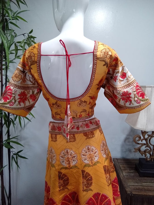 Mustard Gold & Ivory Floral Designer Lehenga Set with Coral Dupatta (3-Piece) - Devi's Exclusive Fashion