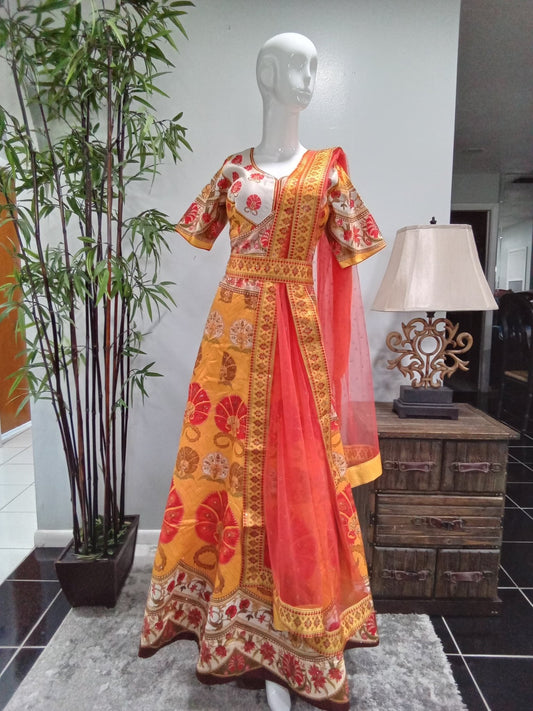 Mustard Gold & Ivory Floral Designer Lehenga Set with Coral Dupatta (3-Piece) - Devi's Exclusive Fashion