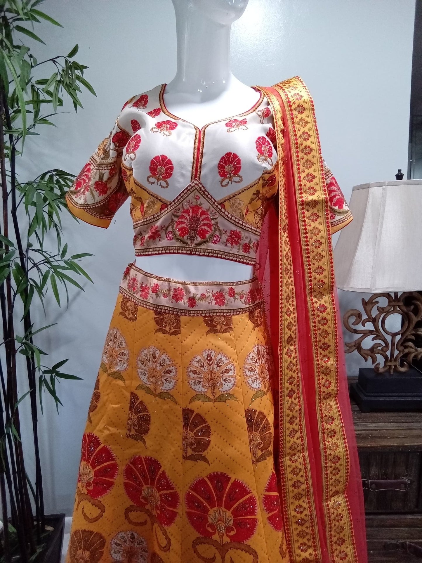 Mustard Gold & Ivory Floral Designer Lehenga Set with Coral Dupatta (3-Piece) - Devi's Exclusive Fashion