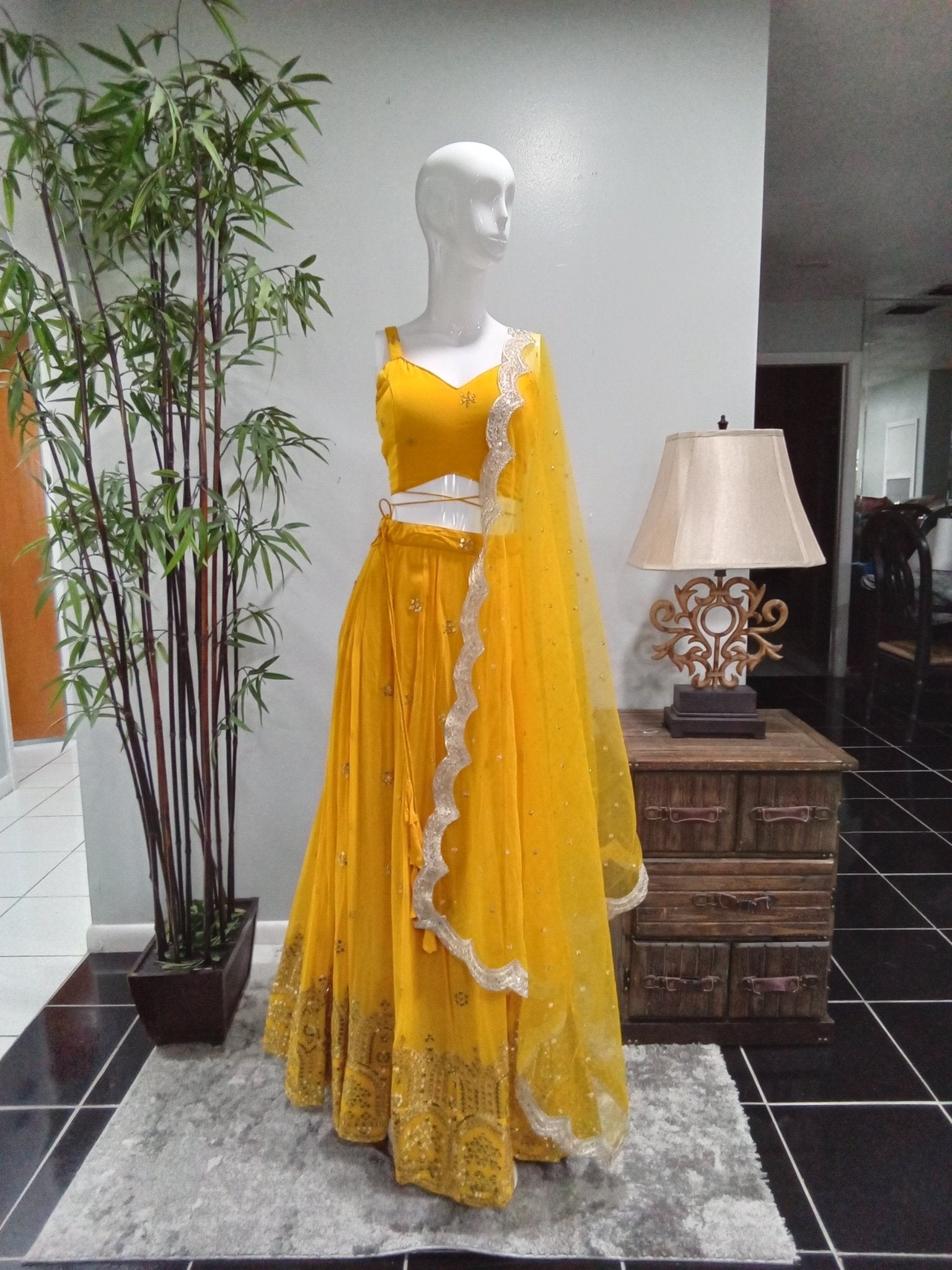 Mustard Yellow Sequin Lehenga - Devi's Exclusive Fashion