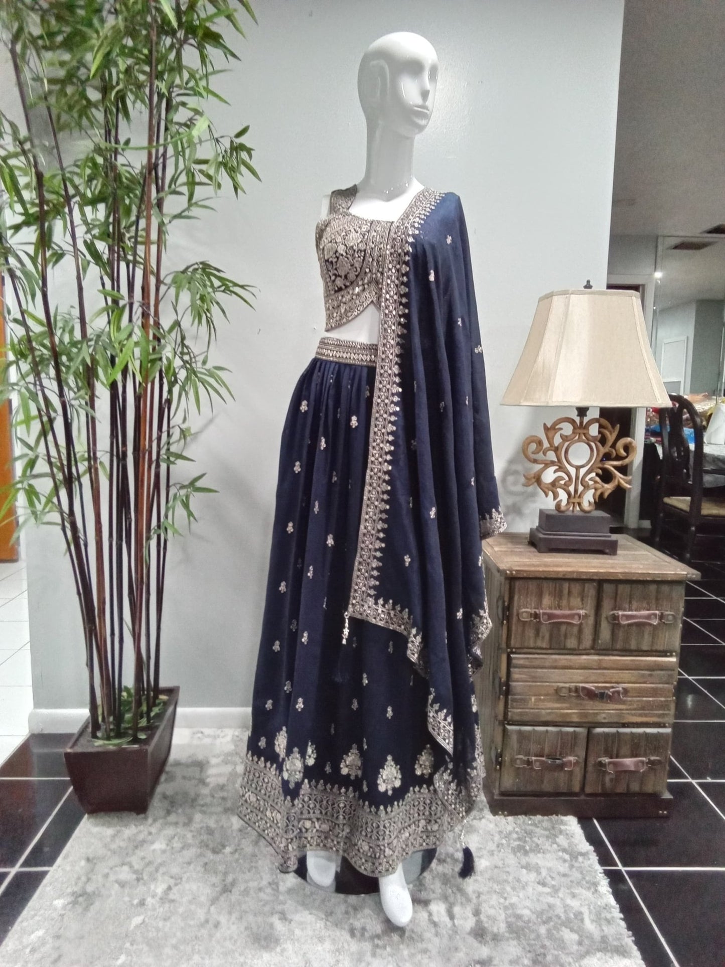 Navy Blue Embroidered Designer Lehenga Set (3-Piece) - Devi's Exclusive Fashion