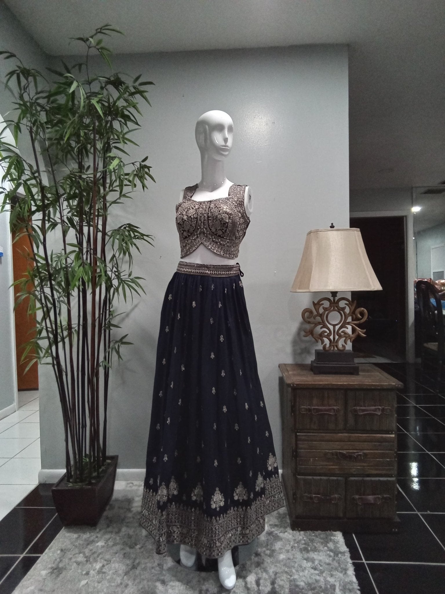 Navy Blue Embroidered Designer Lehenga Set (3-Piece) - Devi's Exclusive Fashion