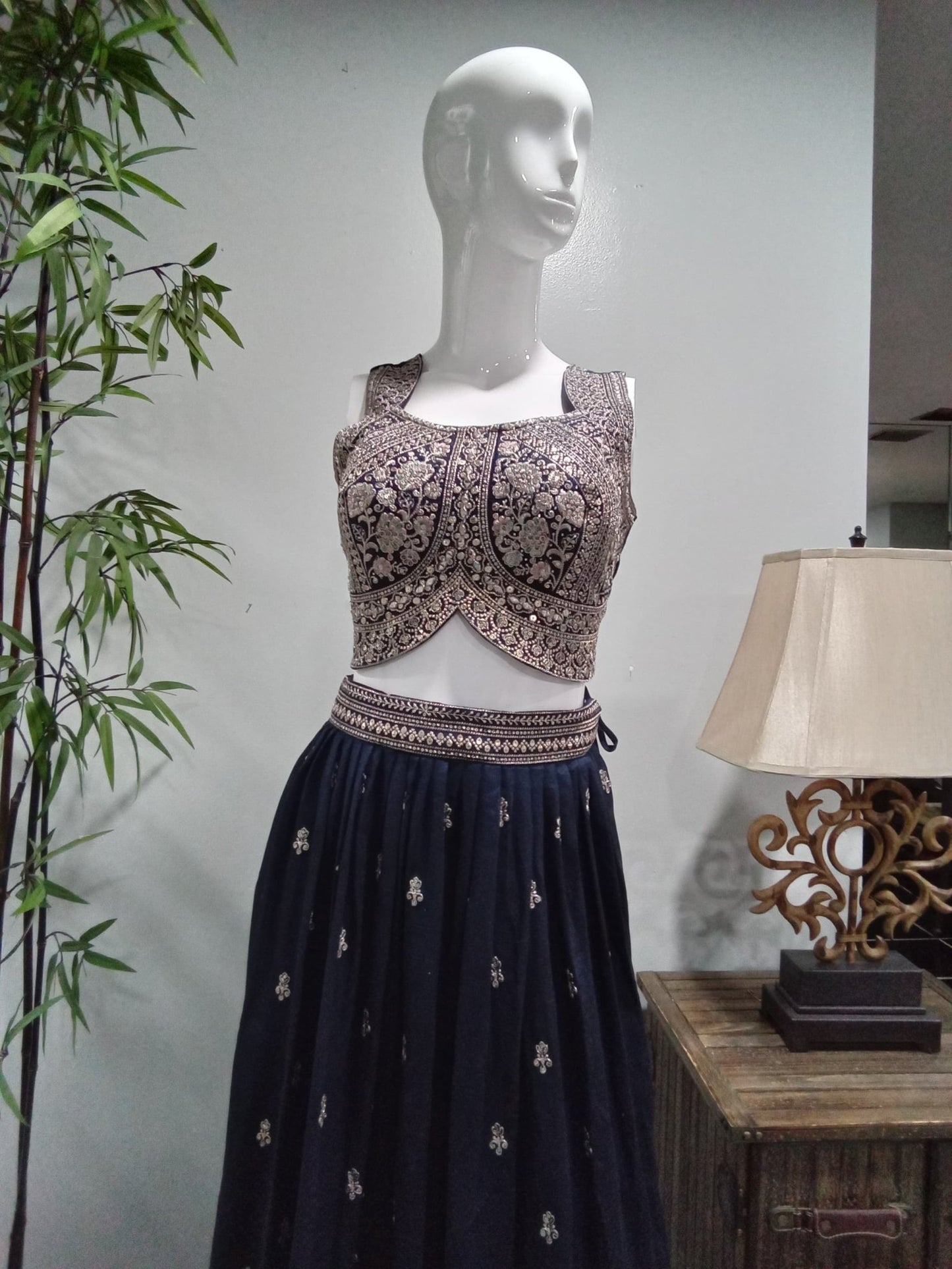 Navy Blue Embroidered Designer Lehenga Set (3-Piece) - Devi's Exclusive Fashion