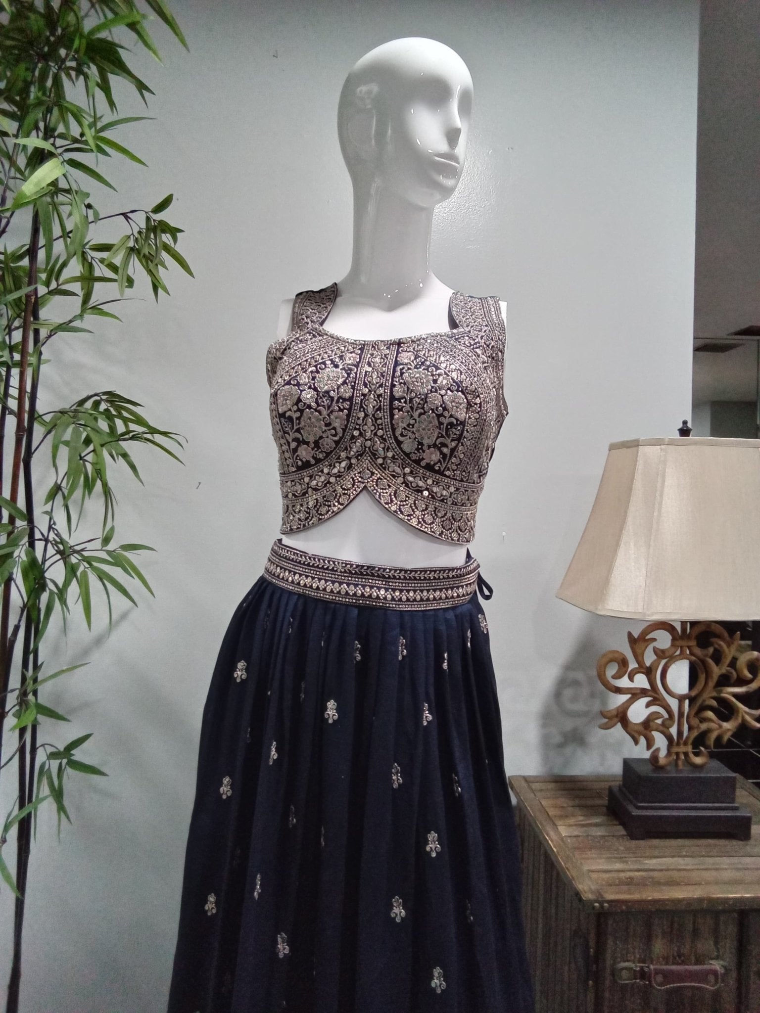 Navy Blue Embroidered Designer Lehenga Set (3-Piece) - Devi's Exclusive Fashion