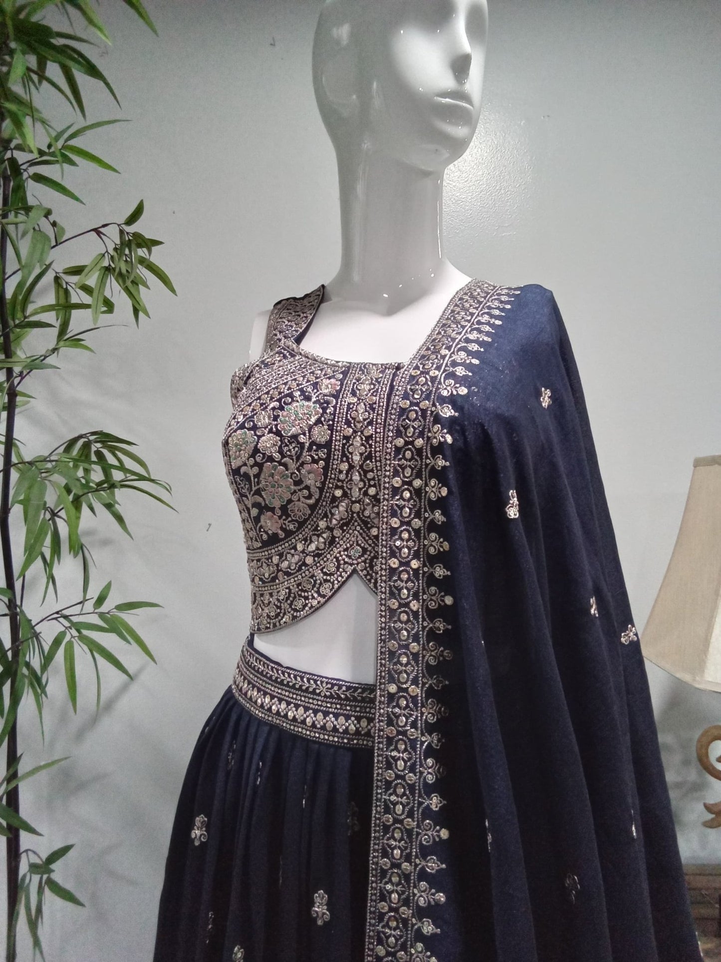 Navy Blue Embroidered Designer Lehenga Set (3-Piece) - Devi's Exclusive Fashion