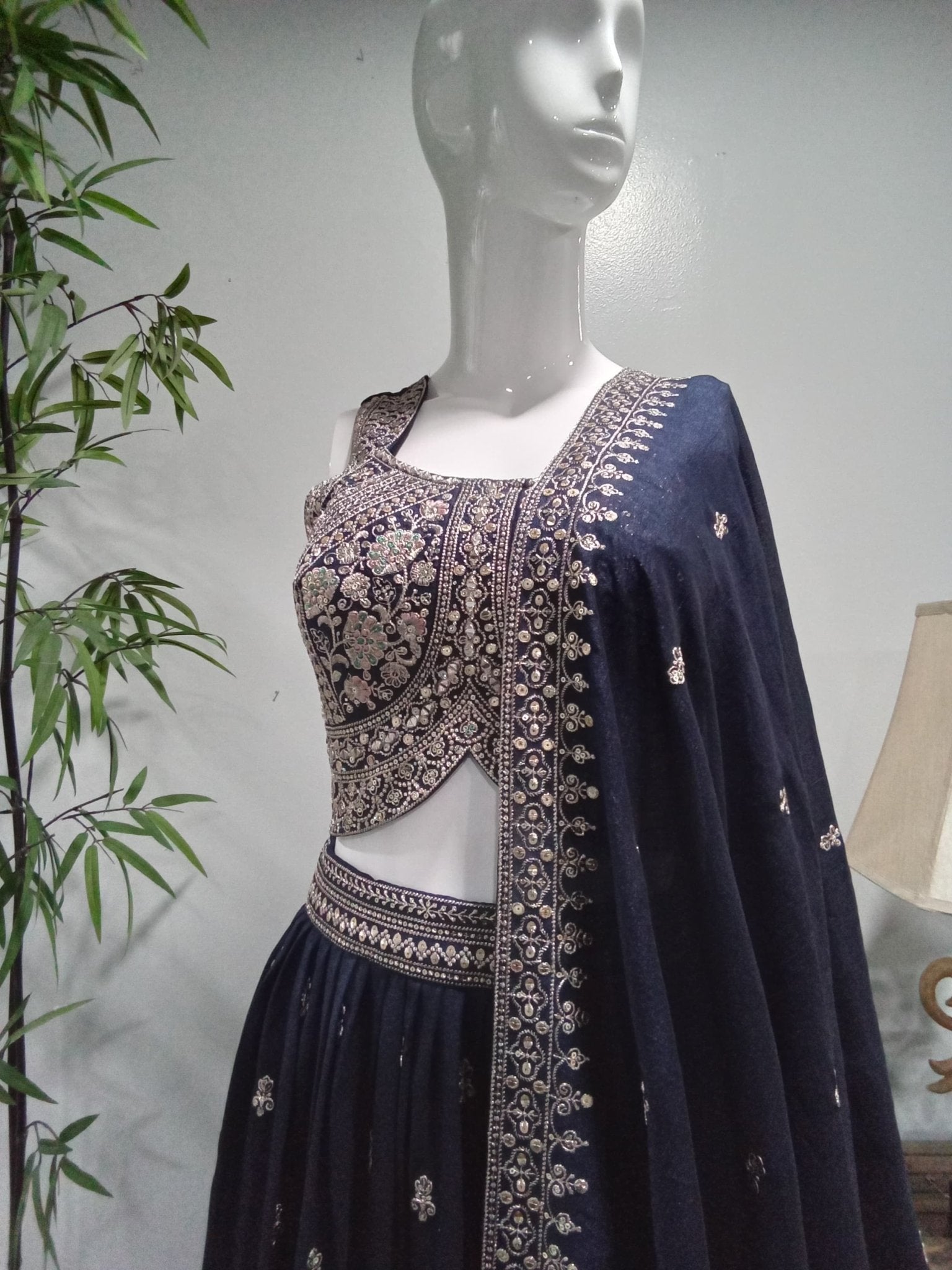 Navy Blue Embroidered Designer Lehenga Set (3-Piece) - Devi's Exclusive Fashion