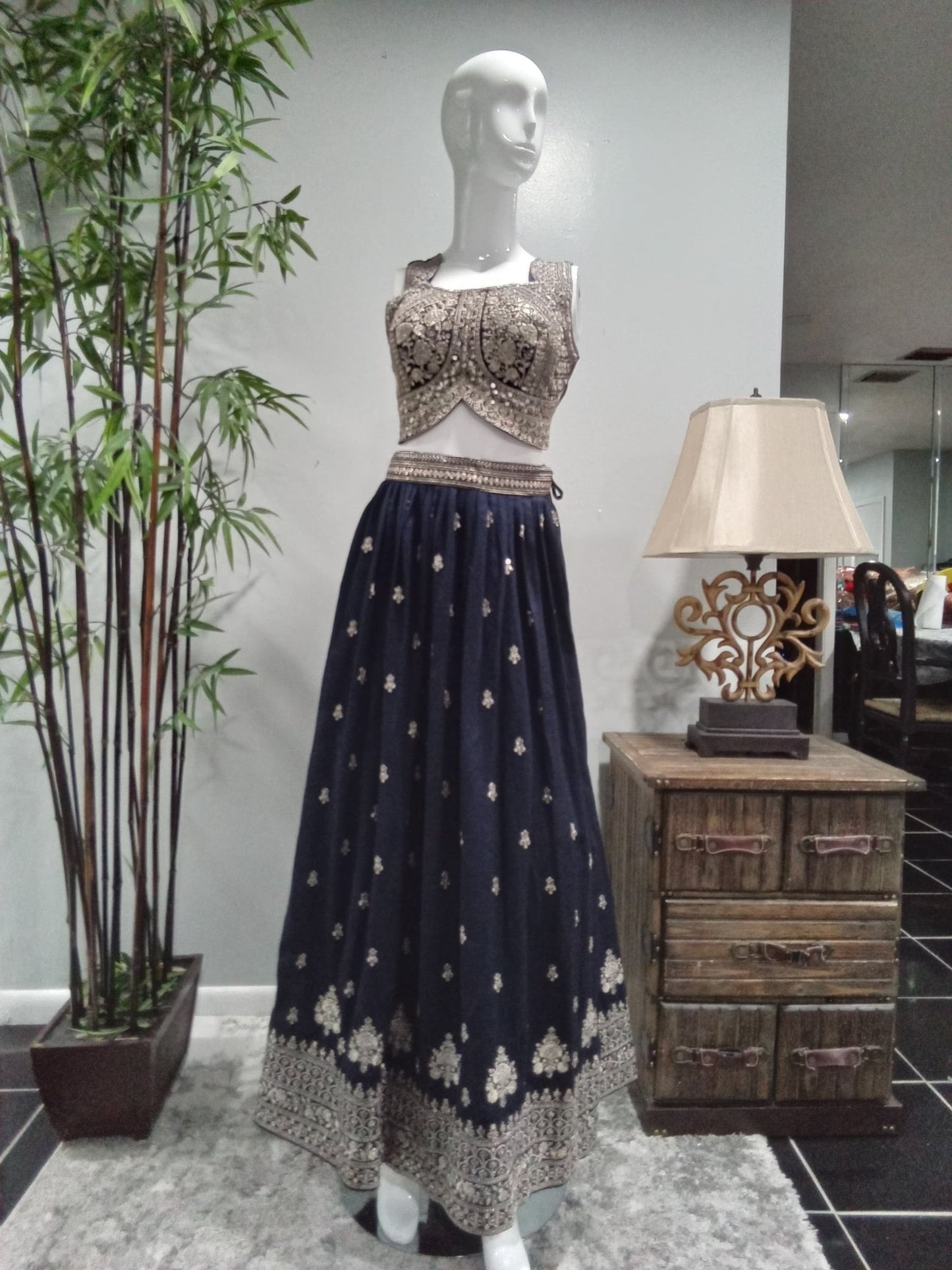 Navy Blue Embroidered Designer Lehenga Set (3-Piece) - Devi's Exclusive Fashion
