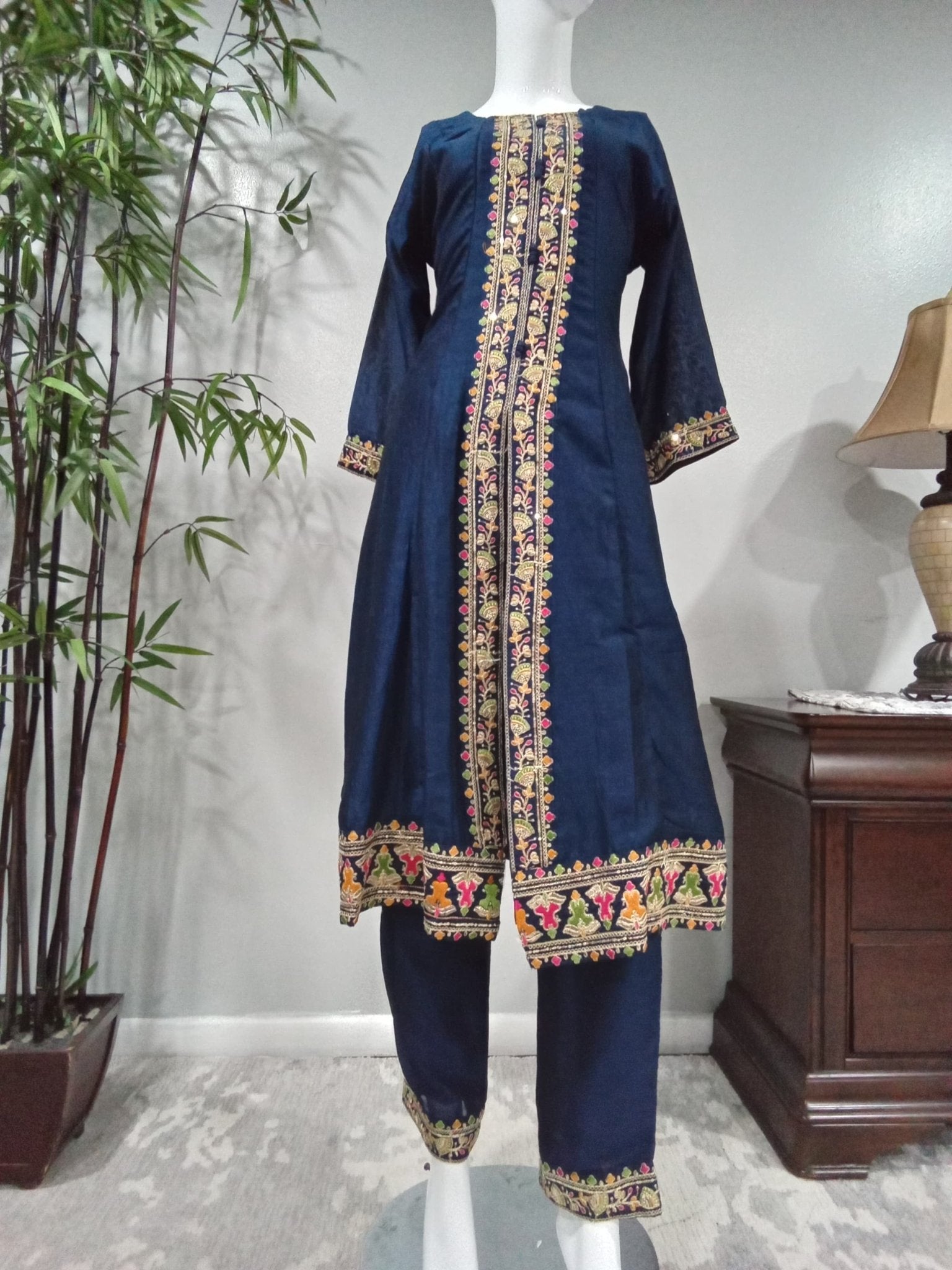 Navy Blue Embroidered Shalwar Set - Devi's Exclusive Fashion