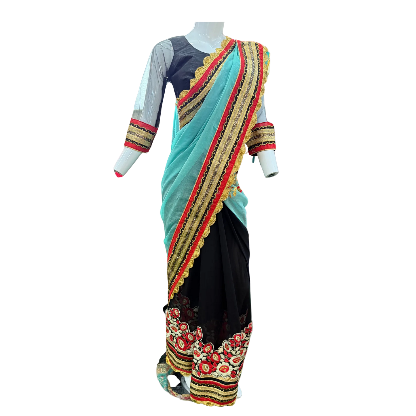 Navy Blue & Green Embroidered Anarkali Gown - Devi's Exclusive Fashion