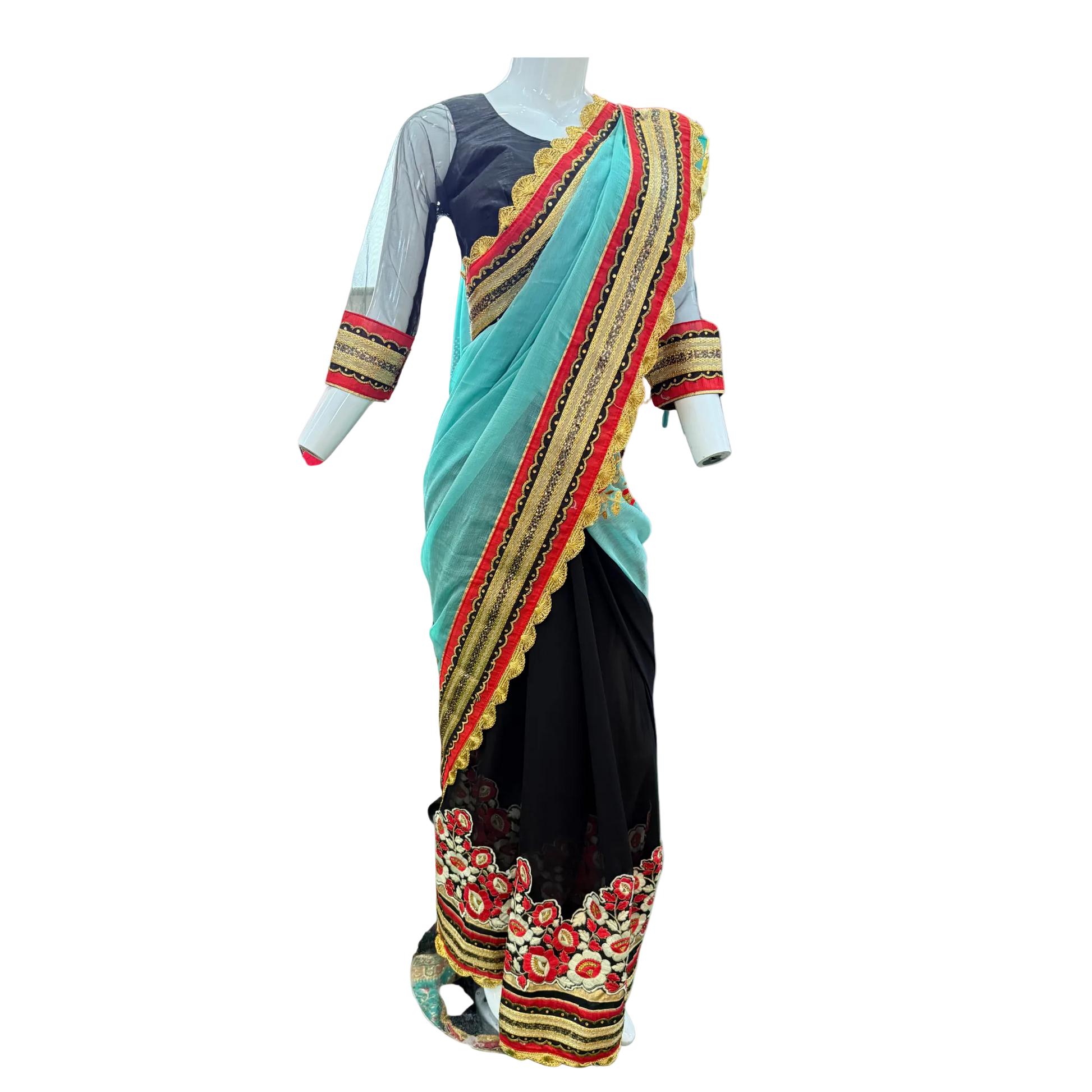 Navy Blue & Green Embroidered Anarkali Gown - Devi's Exclusive Fashion
