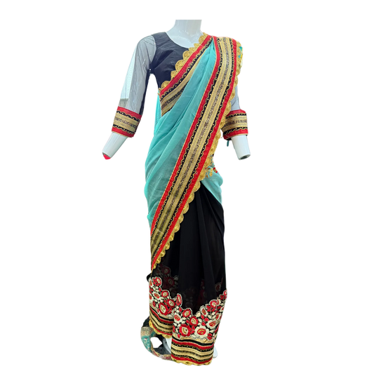 Navy Blue & Green Embroidered Anarkali Gown - Devi's Exclusive Fashion