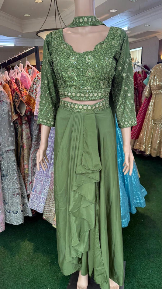 Olive Green Embroidered Ruffle Lehenga Set (3-Piece) - Devi's Exclusive Fashion