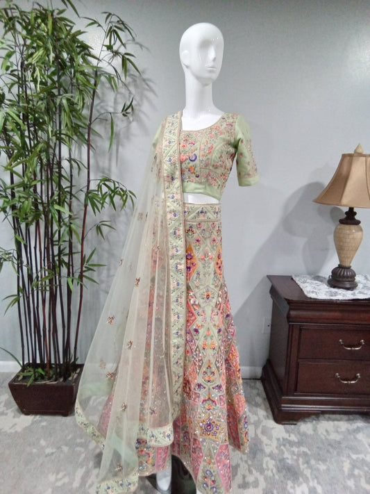 Pastel Sage Green Floral Embroidered Lehenga Choli Set - Devi's Exclusive Fashion