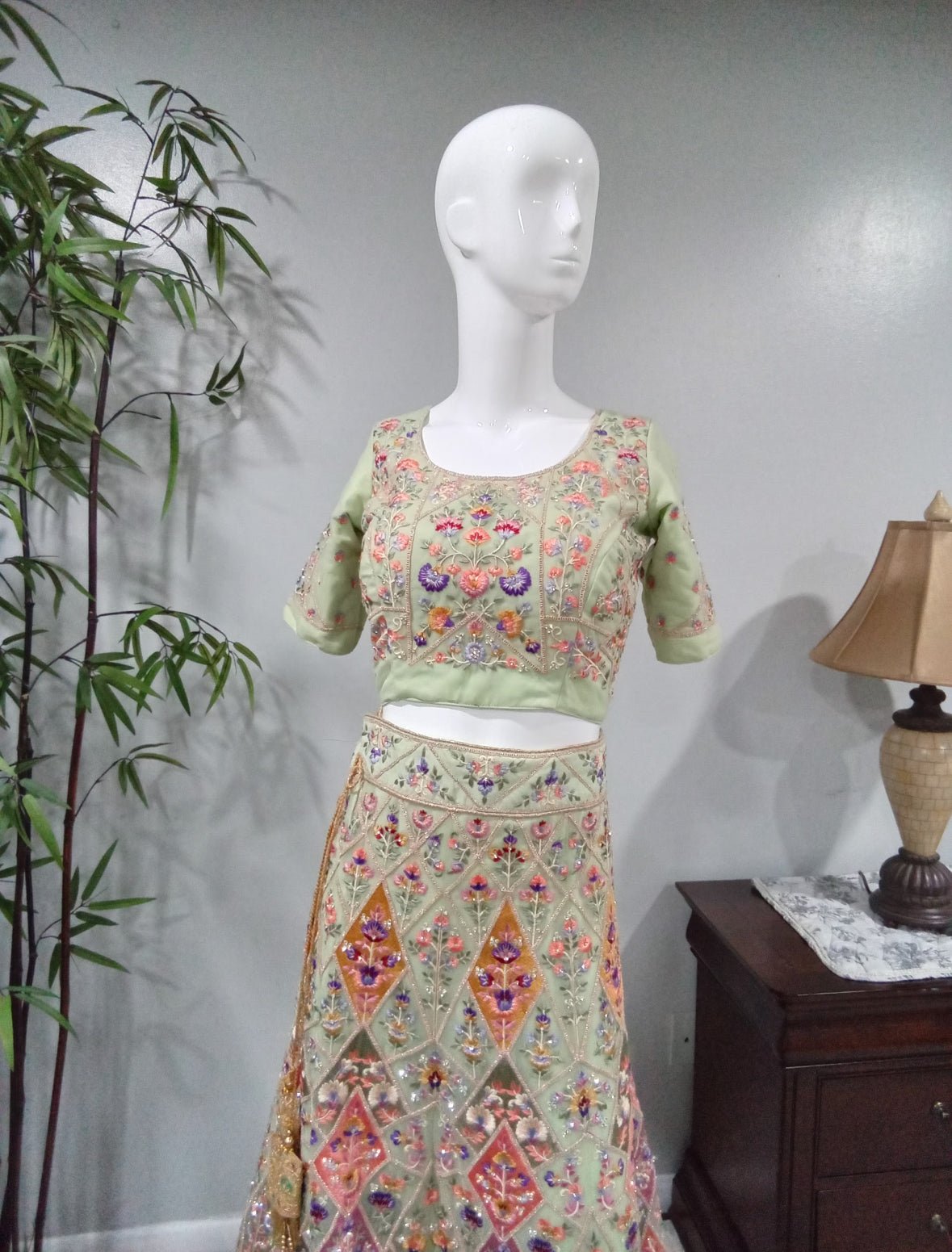 Pastel Sage Green Floral Embroidered Lehenga Choli Set - Devi's Exclusive Fashion