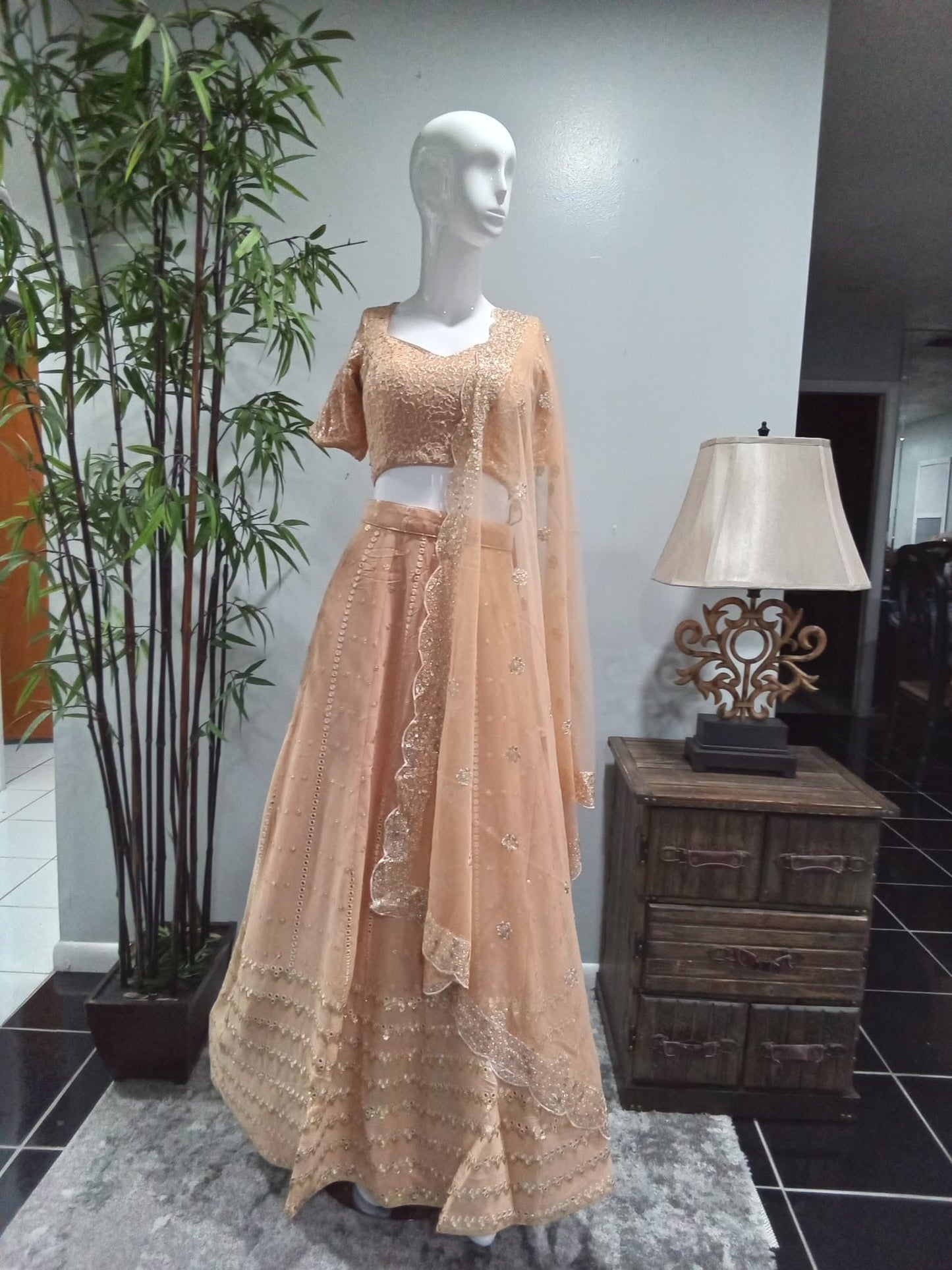 Peach & Gold Embroidered Lehenga Set with Dupatta - Devi's Exclusive Fashion