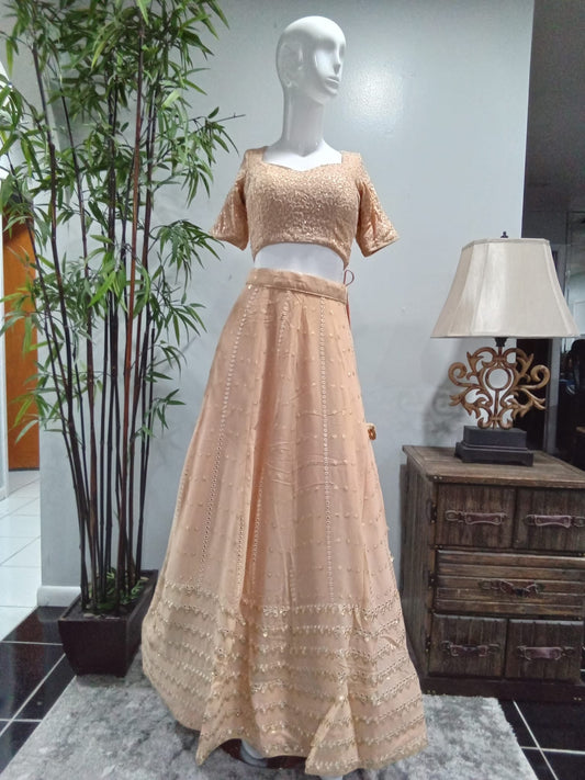 Peach & Gold Embroidered Lehenga Set with Dupatta - Devi's Exclusive Fashion