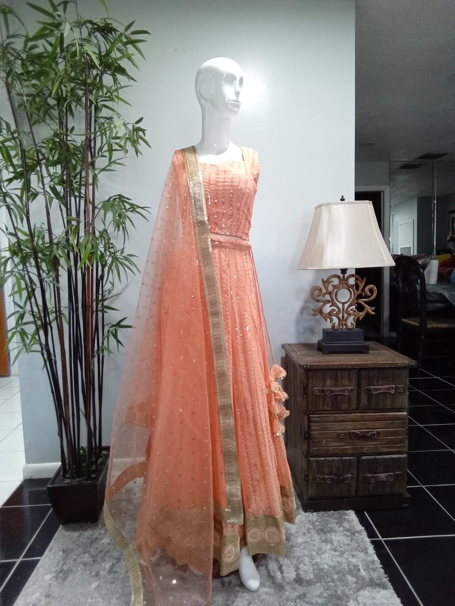 Peach Sequin Embroidered Lehenga Set with Matching Dupatta (3-Piece) - Devi's Exclusive Fashion