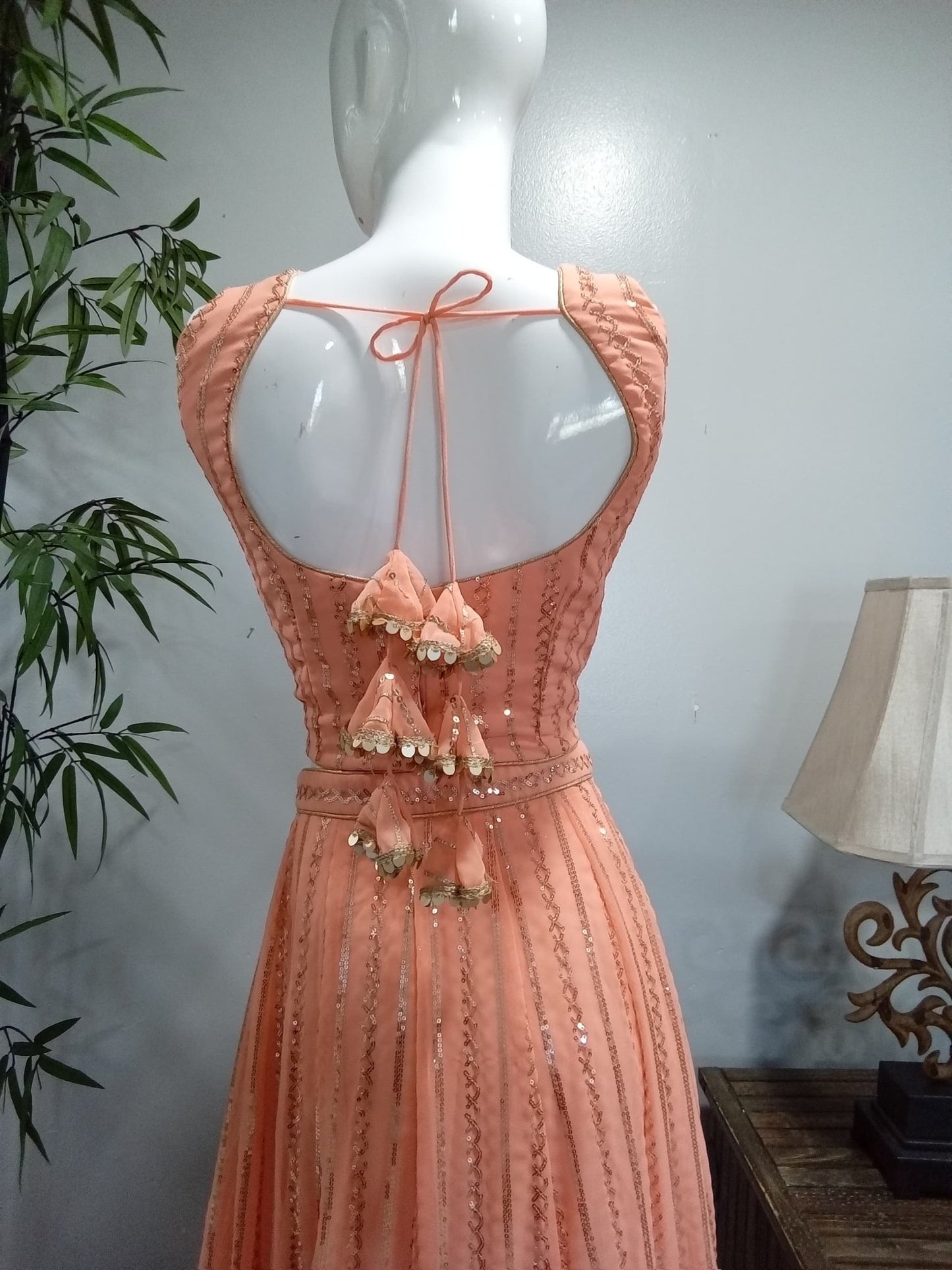 Peach Sequin Embroidered Lehenga Set with Matching Dupatta (3-Piece) - Devi's Exclusive Fashion