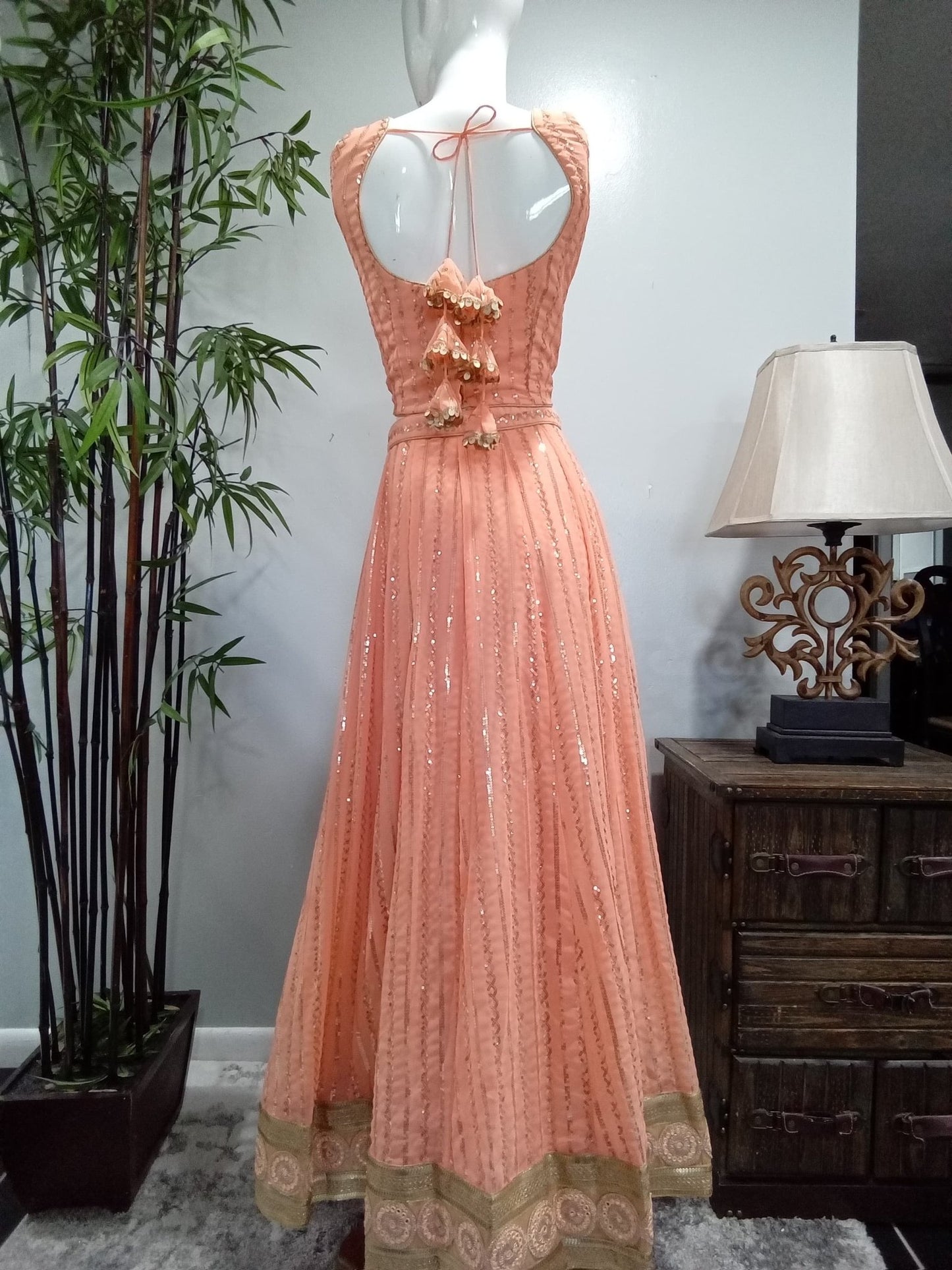 Peach Sequin Embroidered Lehenga Set with Matching Dupatta (3-Piece) - Devi's Exclusive Fashion