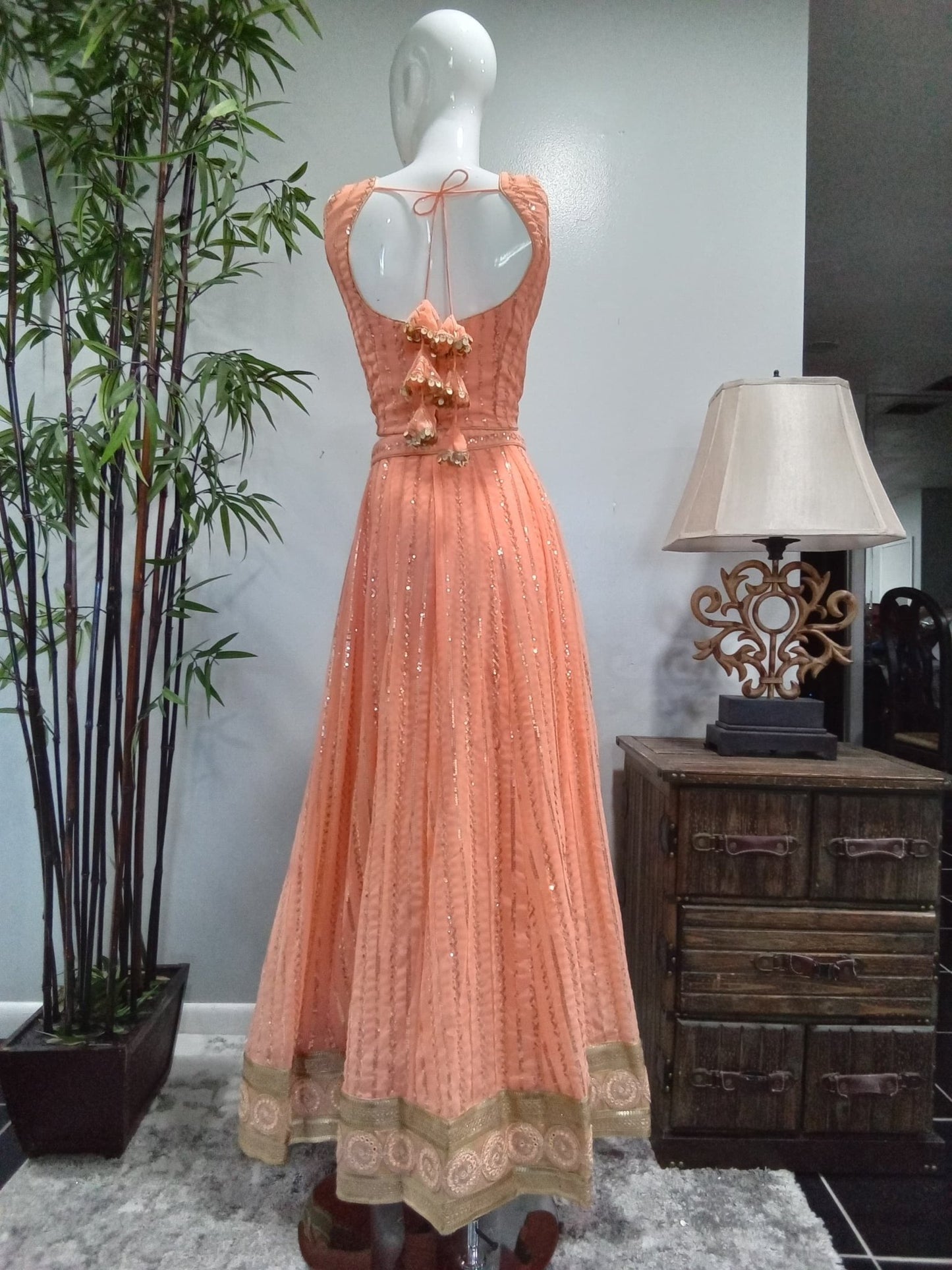 Peach Sequin Embroidered Lehenga Set with Matching Dupatta (3-Piece) - Devi's Exclusive Fashion