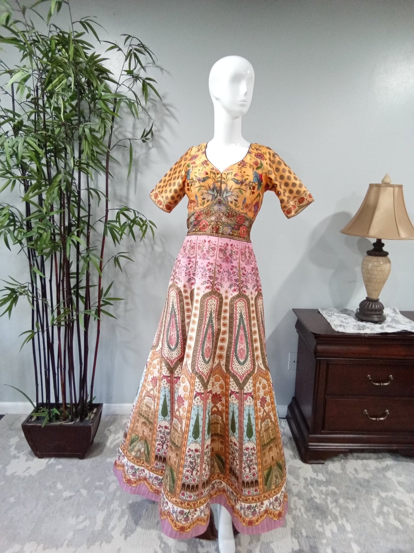 Pink and Yellow Heavy Diamond 3-Piece Lehenga - Devi's Exclusive Fashion