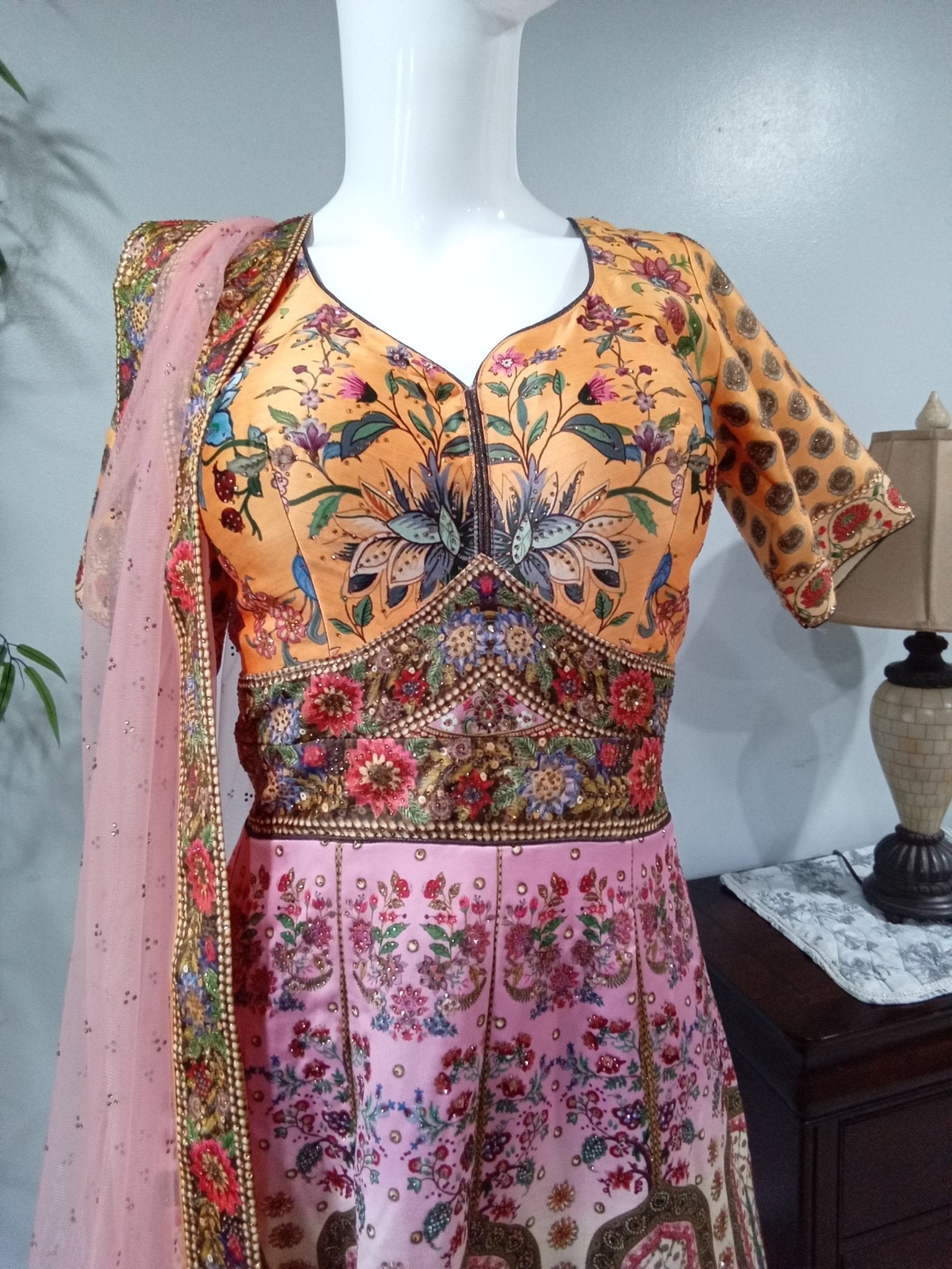 Pink and Yellow Heavy Diamond 3-Piece Lehenga - Devi's Exclusive Fashion