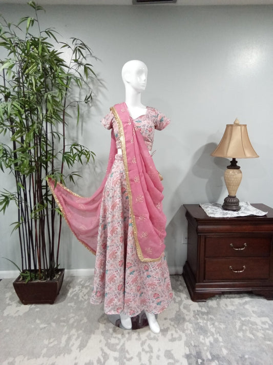 Pink Blue and White 3-Piece Lehenga - Devi's Exclusive Fashion
