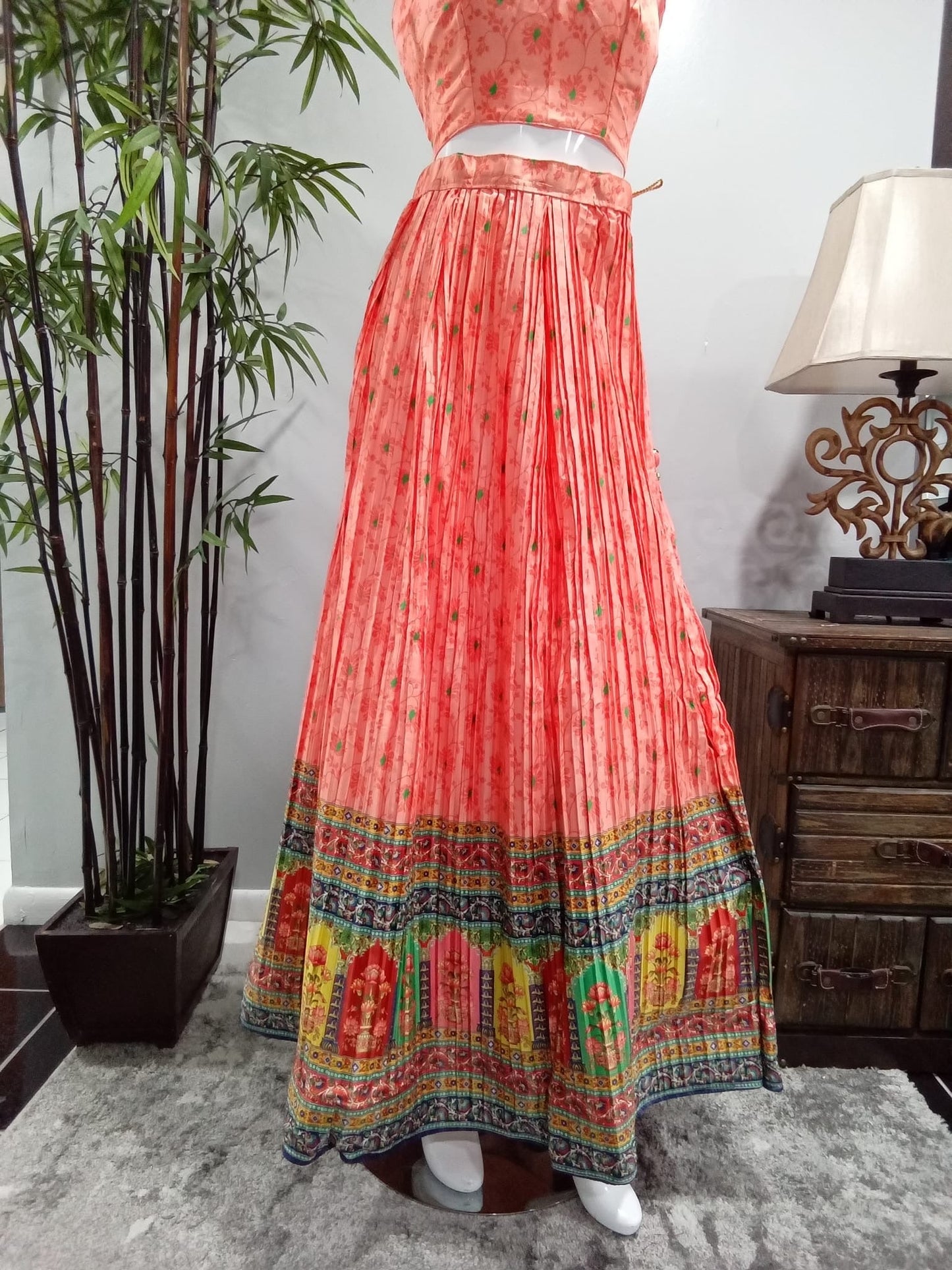 Pink Floral Embroidered Lehenga Set with Green Dupatta - Devi's Exclusive Fashion