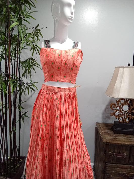 Pink Floral Embroidered Lehenga Set with Green Dupatta - Devi's Exclusive Fashion